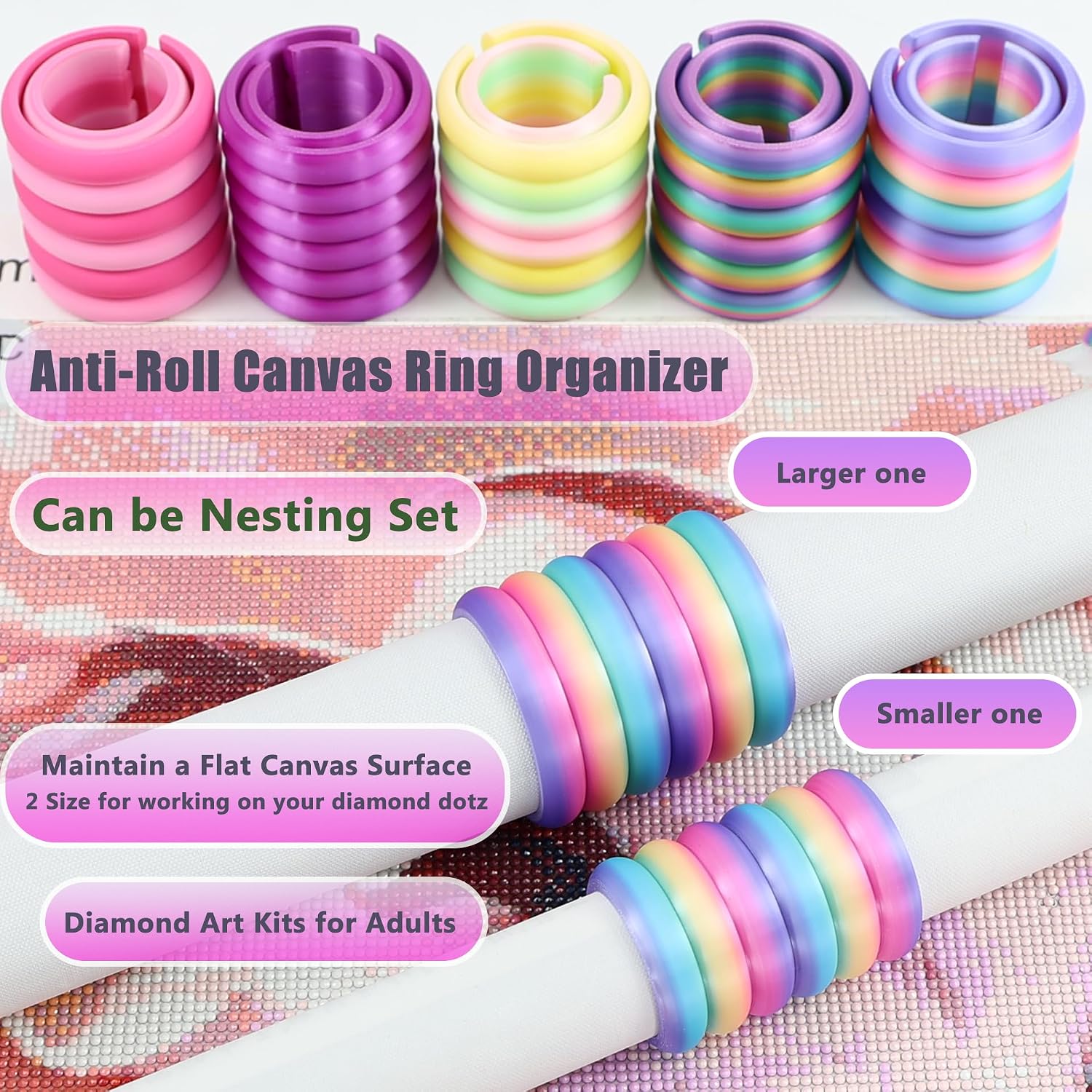 2 Pack Diamond Painting Canvas Roll Holder, 2 Sizes, Anti-Roll Canvas Ring Organizer for Diamond Art Kits for Adults, Easily Roll Up & Store Canvas Diamond Art Painting Roller Tool (Light Colorful)