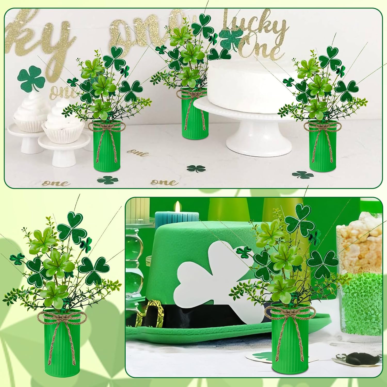 4 Pack St Patricks Day Floral Picks Green Shamrock Stems Small Fake Plant with Metal Pot for Home Party Table Centerpiece Decor St Patrick's Day Decorations