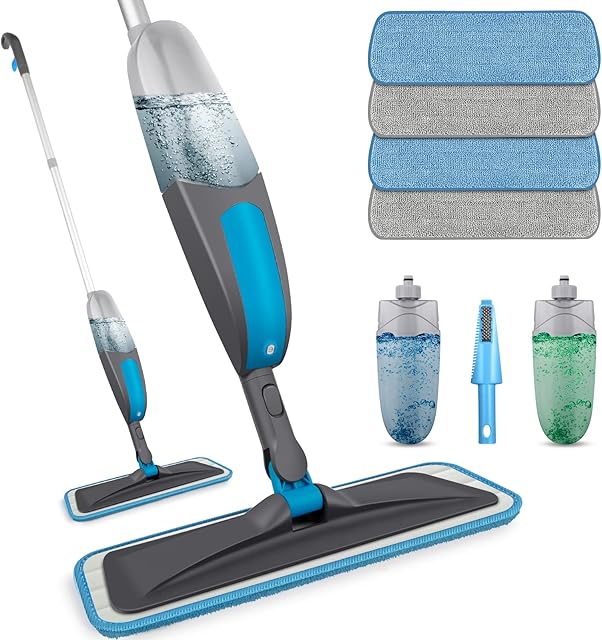 Spray Mops for Cleaning Floors - BPAWA Microfibre Floor Mop Flat Dry Wet Mop for Hard Wood Laminate Vinyl Tile Wooden Floor Cleaning, Dust Mop with 2Pcs 550ML Spray Bottle and 4 Reusable Washable Pads