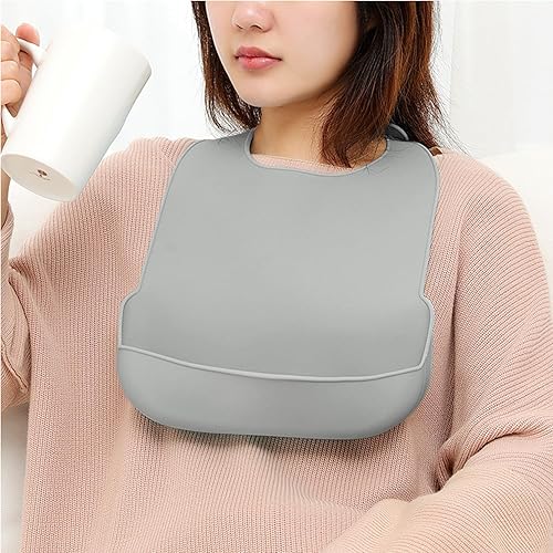 Vista 3 de Paquete de 2 baberos de silicona para adultos, impermeables, lavables, con atrapasamigas, para ancianos, alimentación grande Gris