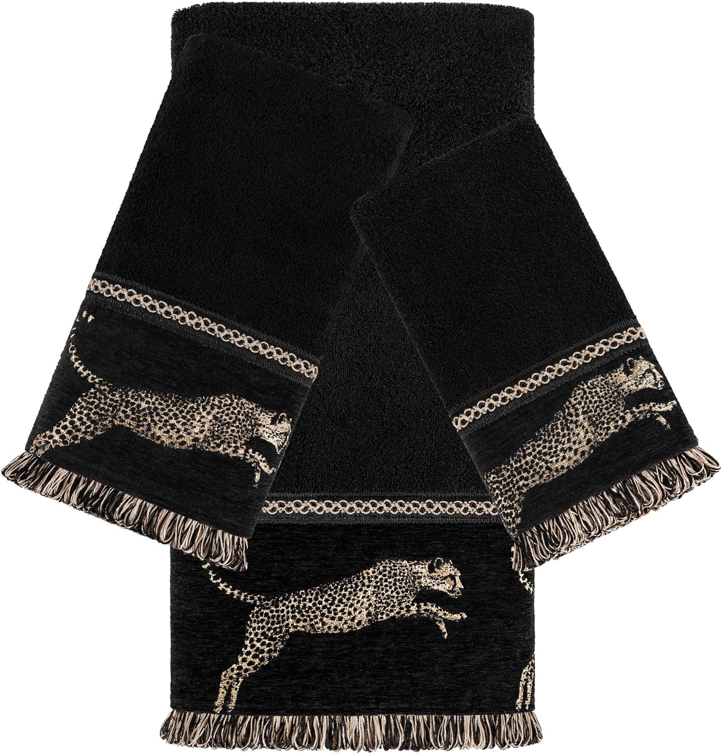 Luxury Leopard Bath Towel Set 3 Piece-1 Cotton Bath Towel, 1 Hand Towel, 1 Washcloth Decorative Bathroom Towel Sets, Cheetah Animal Jacquard Soft Highly Asorbent Towels for Bathroom(Black)
