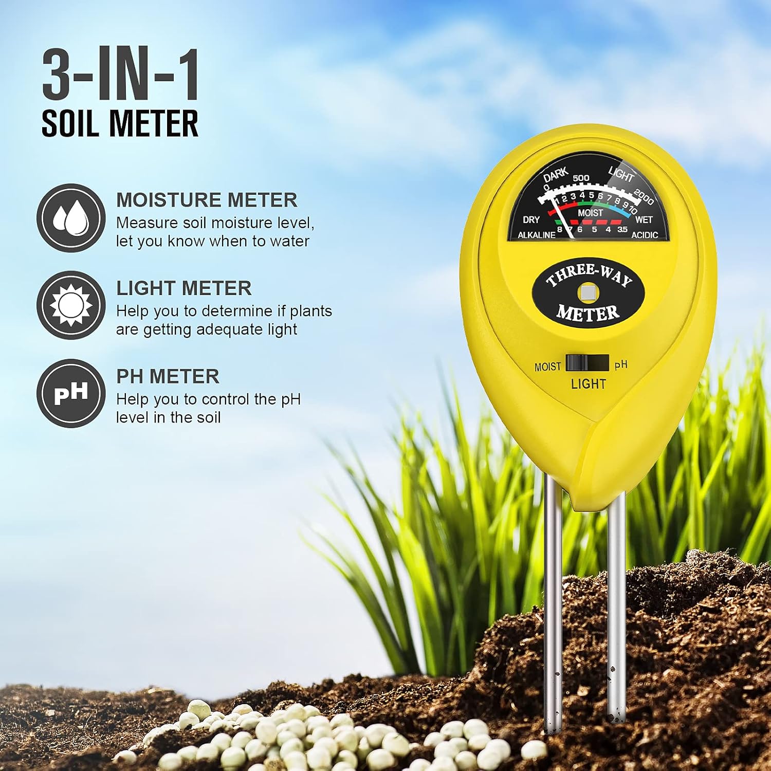 Atree Soil pH Meter, 3-in-1 Soil Tester Kits with Moisture,Light and PH Test for Garden, Farm, Lawn, Indoor & Outdoor (No Battery Needed) (Yellow) : Patio, Lawn & Garden
