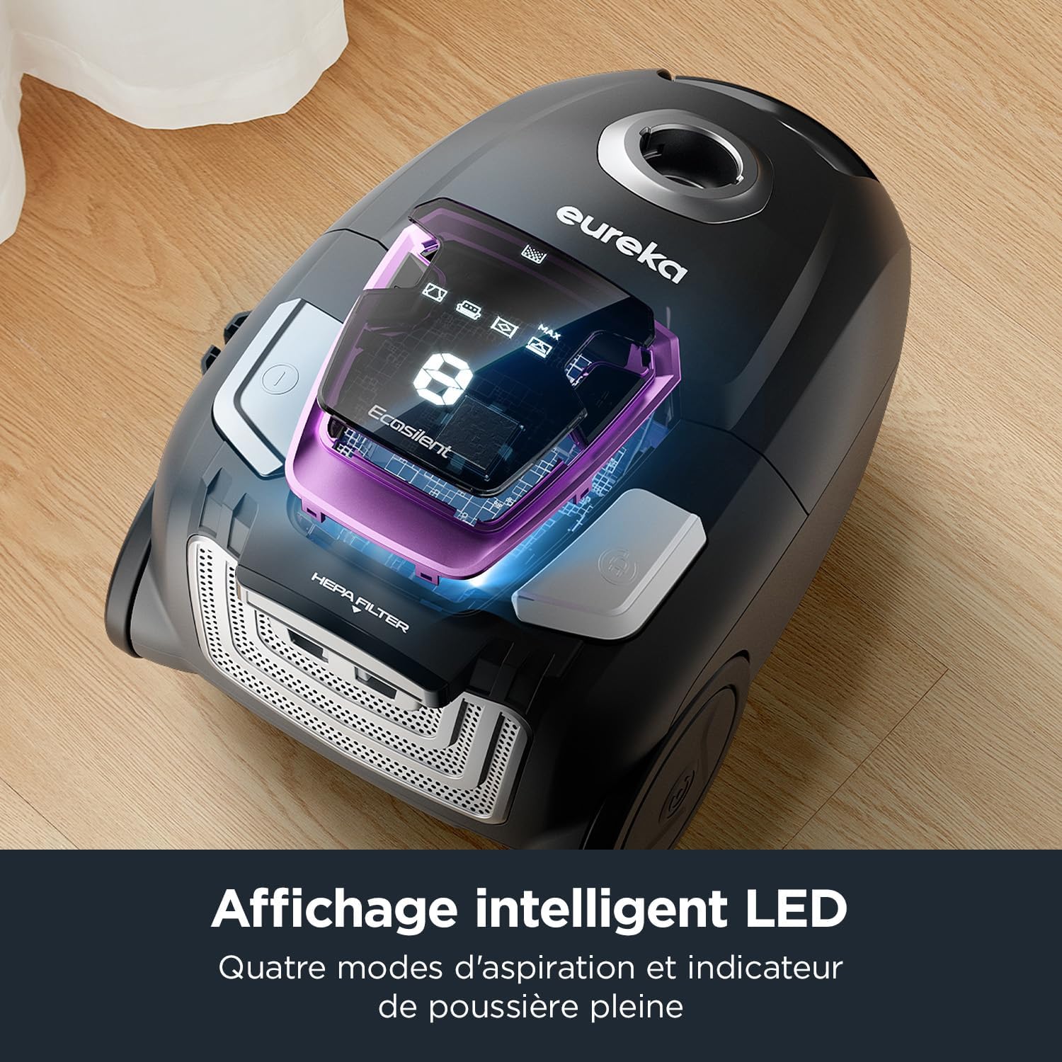 Close-up of the Eureka NEN300 vacuum cleaner's smart LED display showing power modes and dust bag indicator.
