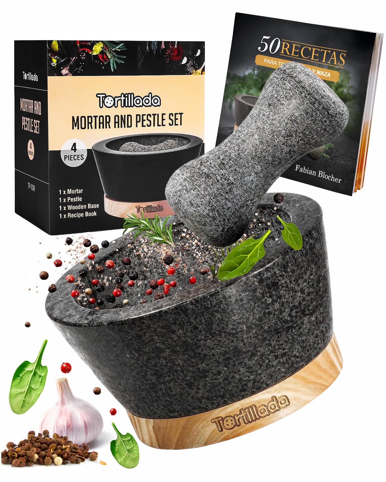 Tortillada – Juego de mortero y maja de 16cm, grande, hecho de granito natural con base de madera antirayaduras, molinillo de hierbas y especias de granito con 50 recetas, color negro