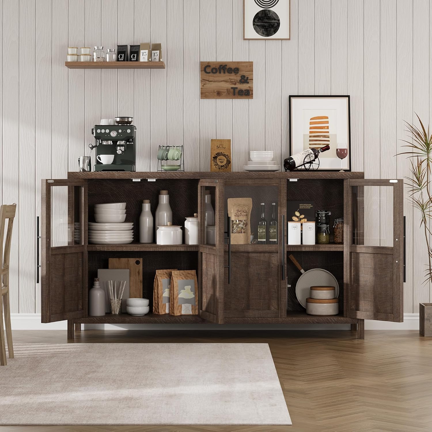GarveeHome Sideboard Buffet Cabinet with 4 Glass Doors, 55 in Buffet Table Coffee Bar Wine Bar Display Cabinet for Kitchen Dining Room, Living Room (Glass with 4 Doors, Brown)