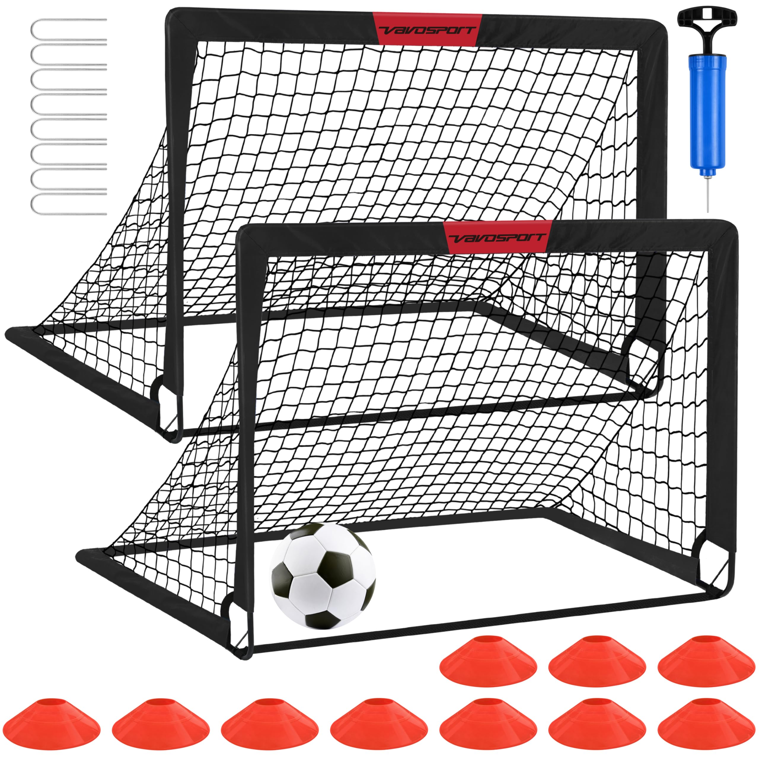 VAVOSPORT Fussballtore für Garten Kinder Tor Gate: Fußball Trainingsset mit Pop-Up 2er Set faltbar für Indoor/Outdoor Spiele für Kinder | Inklusive Fußball Größe 3 Hütchen 10 und Ballpumpe