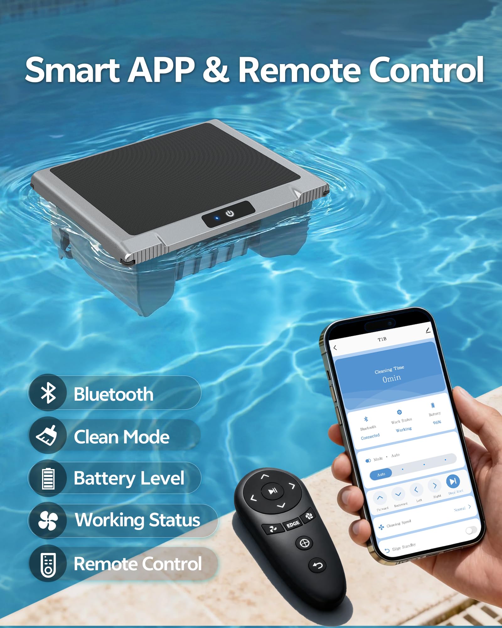T1B Solar Powered Pool Skimmer Robot, Automatic Robotic Pool Surface Skimmer Cleaner with 24/7 Cleaning, Dual Charging Modes, Auto-Dock, Inground & Above-Ground Pools (Gray) - 3