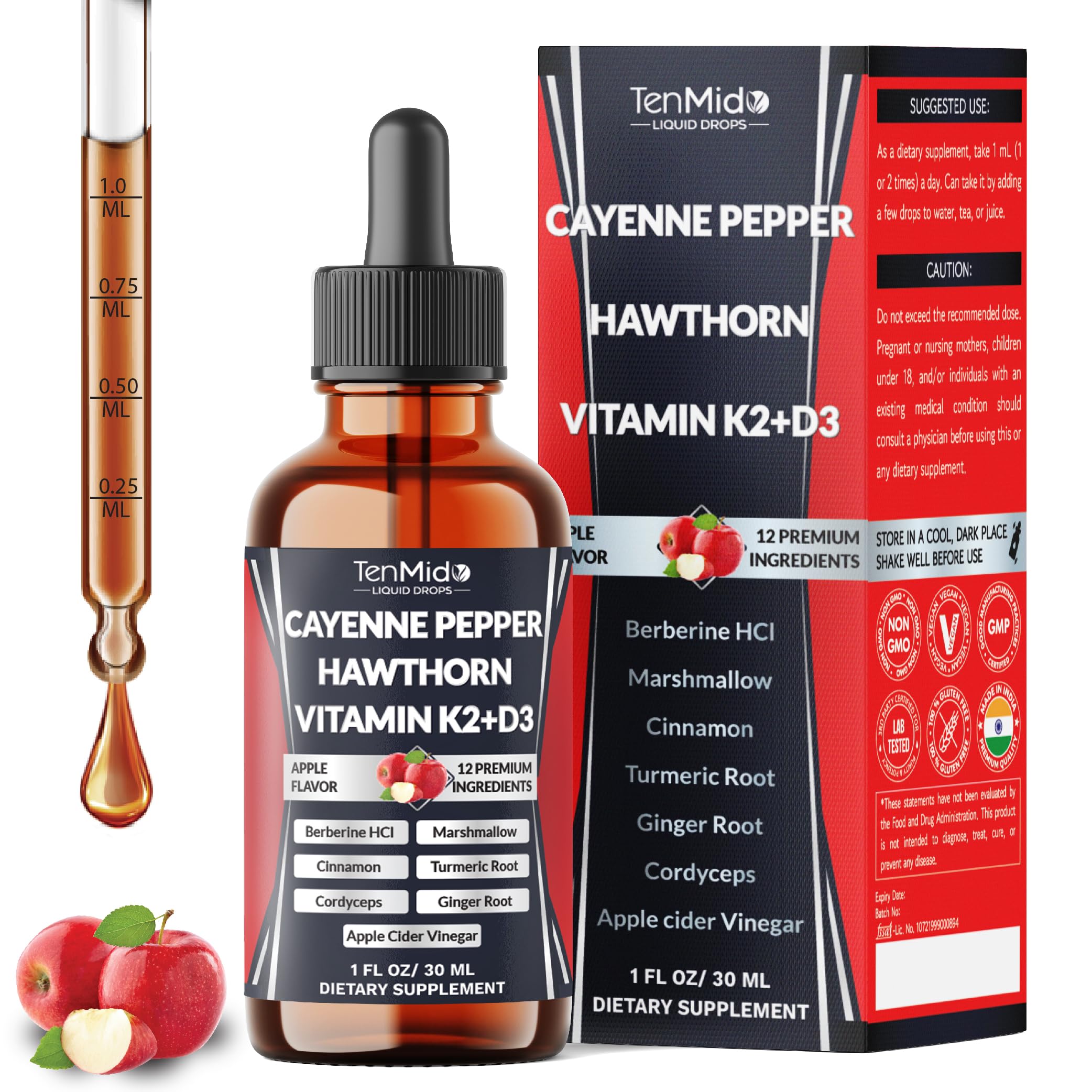 12in1 Cayenne Pepper Drops - Extract Liquid Supplement with D3, K2, Hawthorn Berry, Beet Root, Berberine HCl, Marshmallow Root, Ceylon Cinnamon, Turmeric, Apple Cider Vinegar & More - 1 Fl Oz