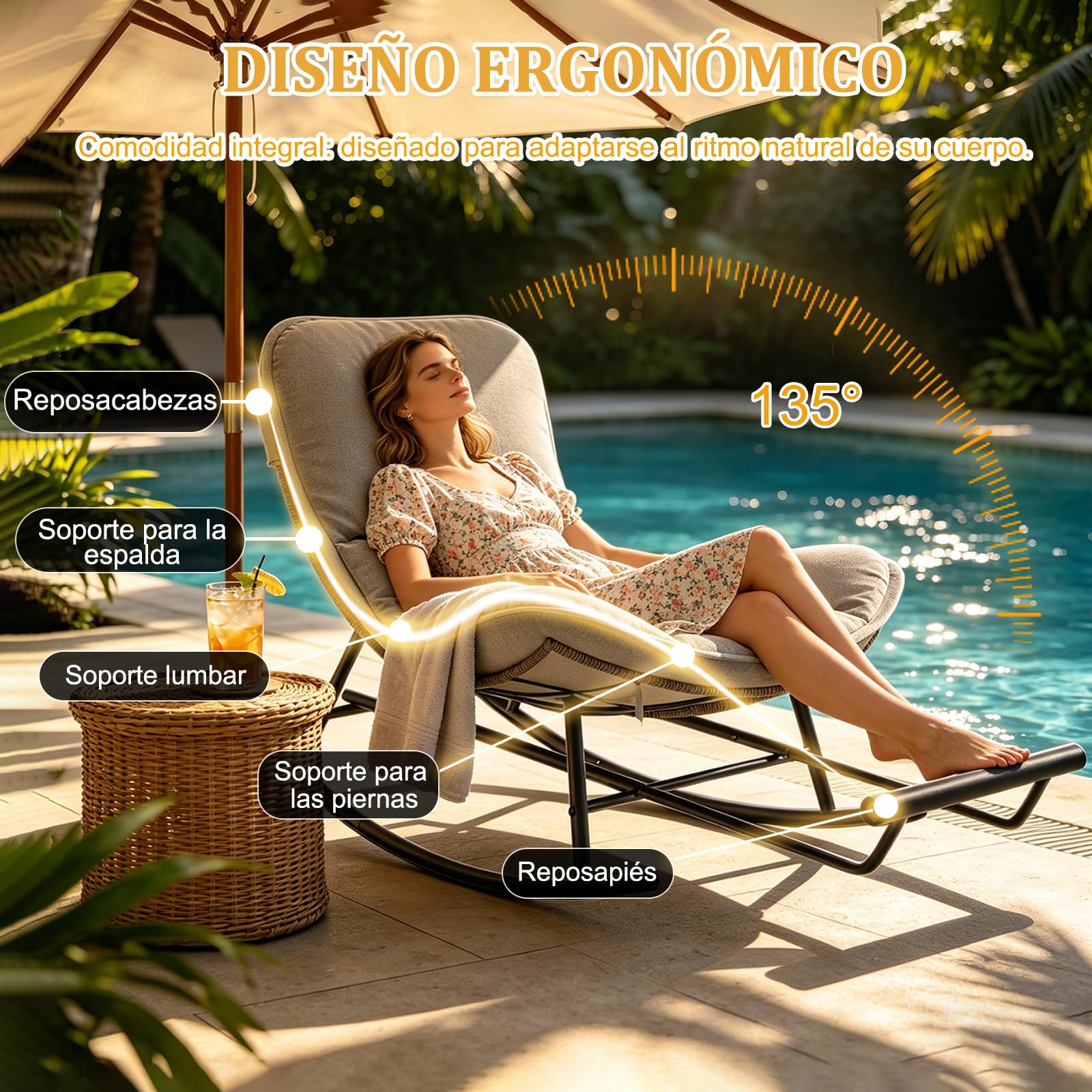 NJUN Mecedora de Exterior, Sillón Relax de Jardín de Poliratán con Cojín Extraíble y Reposapiés Extensible, Sillas Mecedoras Ergonómico para Sala de Estar, Balcón, Jardín y Terraza