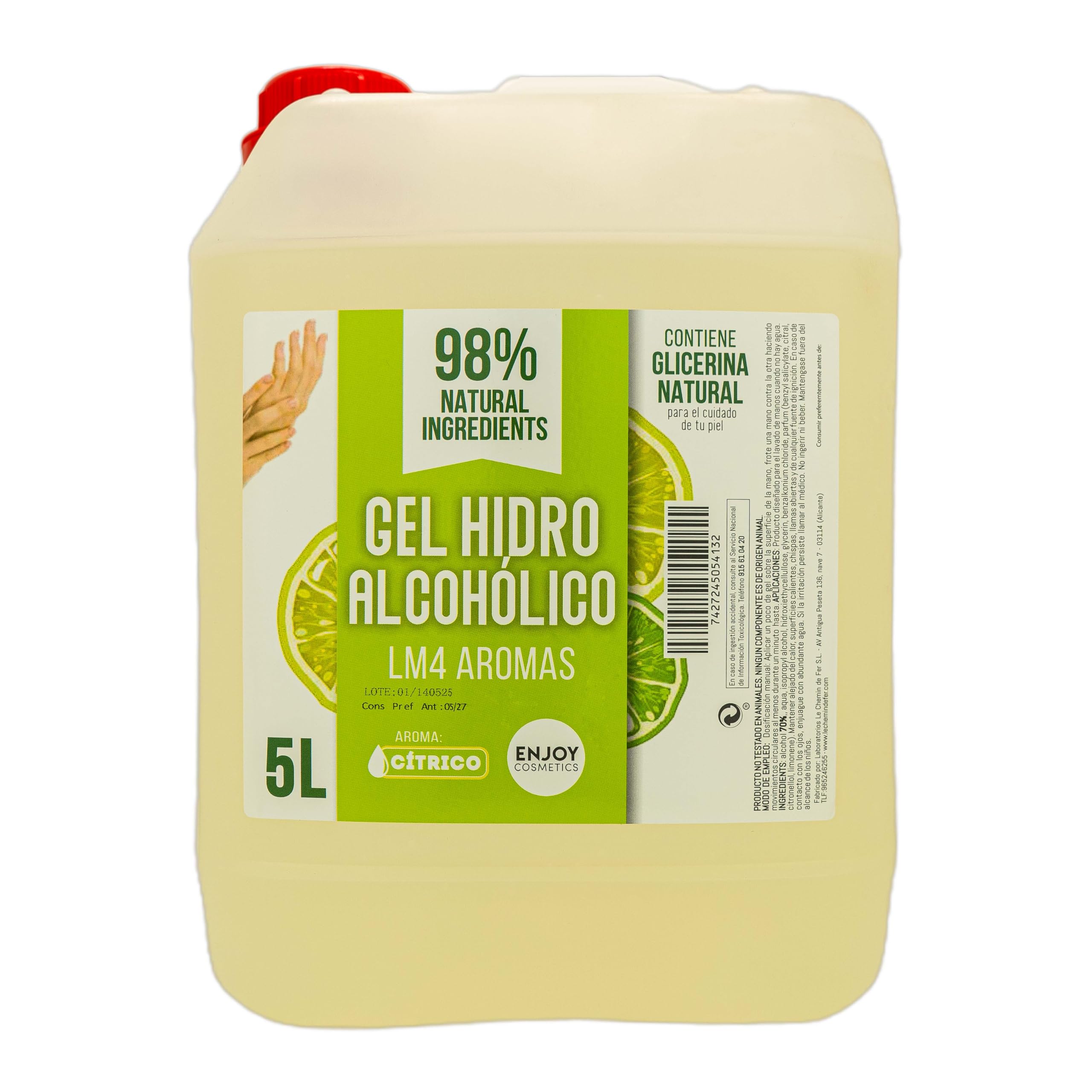 ENJOY COSMETICS - Gel Hidroalcohólico Aroma a Cítrico 5L | 70% Alcohol | Con Glicerina Natural | Para el Cuidado de la Piel | 98% Ingredientes Naturales | Ideal para Casa y Comercios