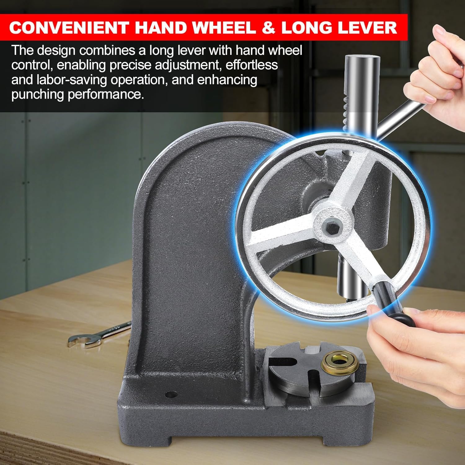 Prensa manual de eje resistente, 1 tonelada con apertura máxima de 135 mm, mesa de trabajo de 120 mm, ideal para estampar, doblar y fácil de usar como herramienta de escritorio