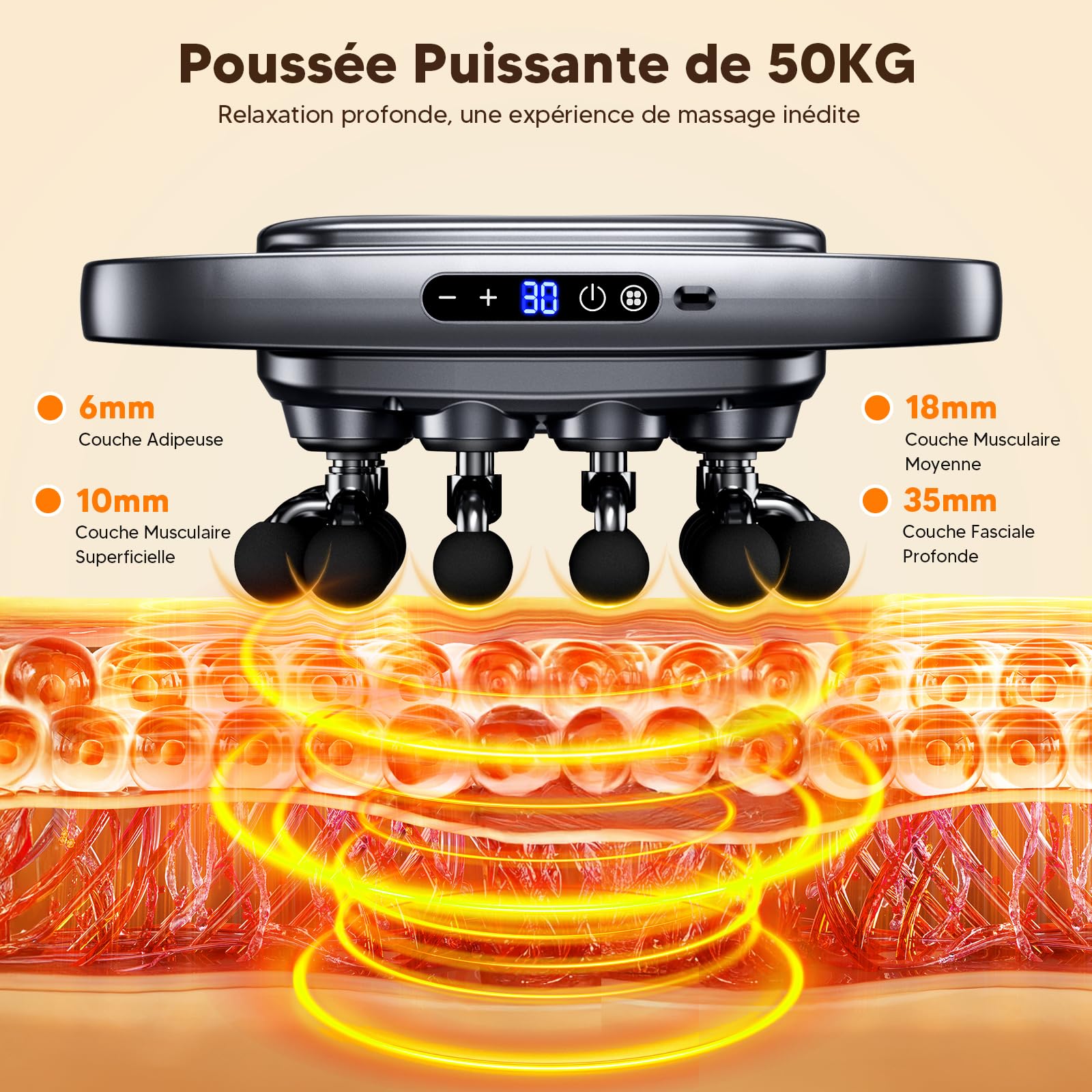 Pistolet de Massage Électrique, 20 Têtes, 30 Niveaux de Vitesse, 4 Modes, pour Jambes, Bras et Taille, Noir