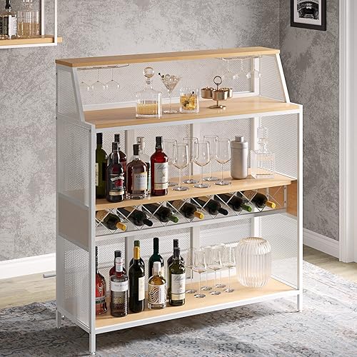 KFO Gabinete de bar industrial para licor y vasos, gabinete de barra de café de madera de metal de granja, gabinete de buffet, mesa de estante de