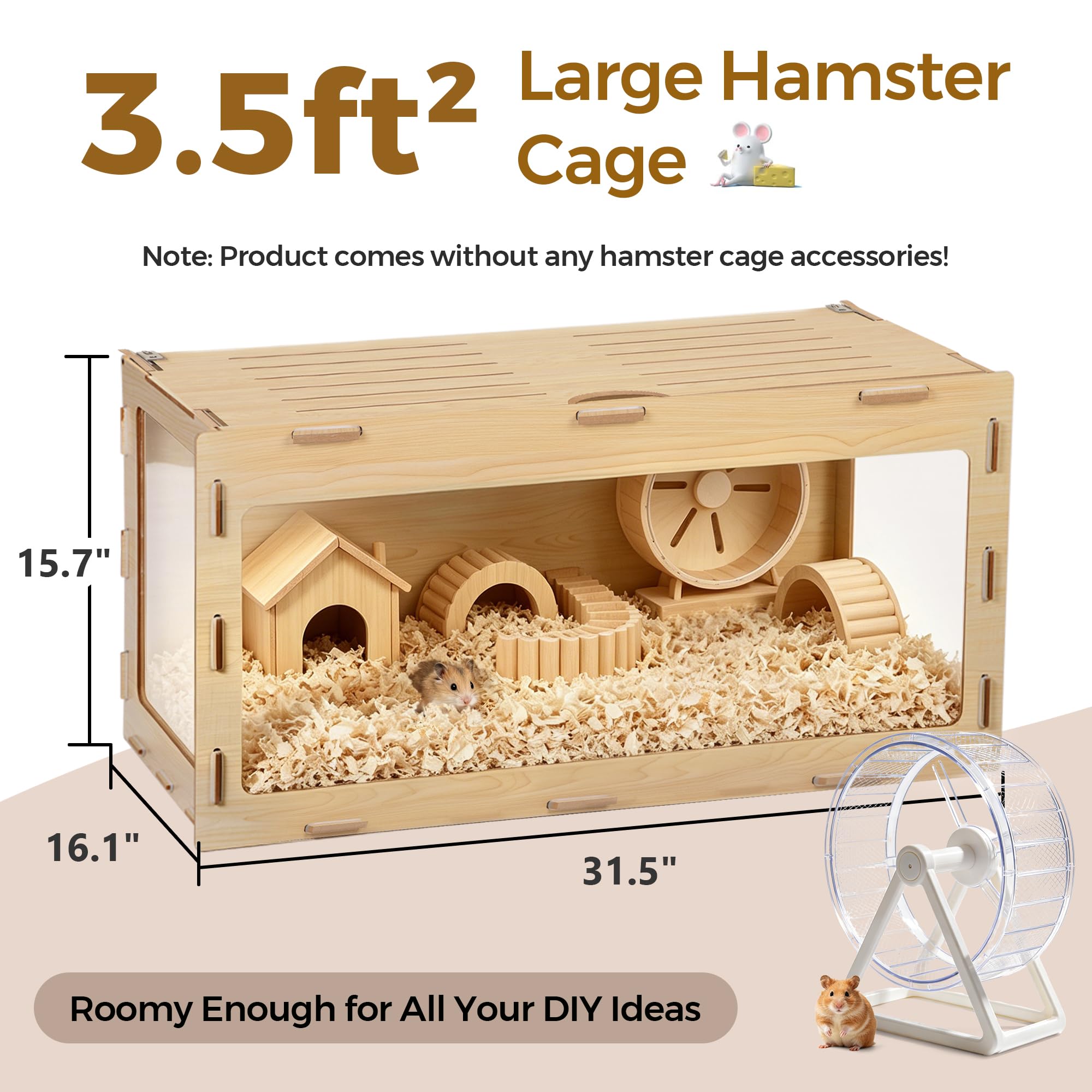 COZIWOW Drewniana klatka dla chomika odporna na żucie, Bigger World - 81 cm duże klatki i siedliska dla chomika, otwierane górne i 3 boczne arkusze akrylowe, klatka dla małych zwierząt domek dla