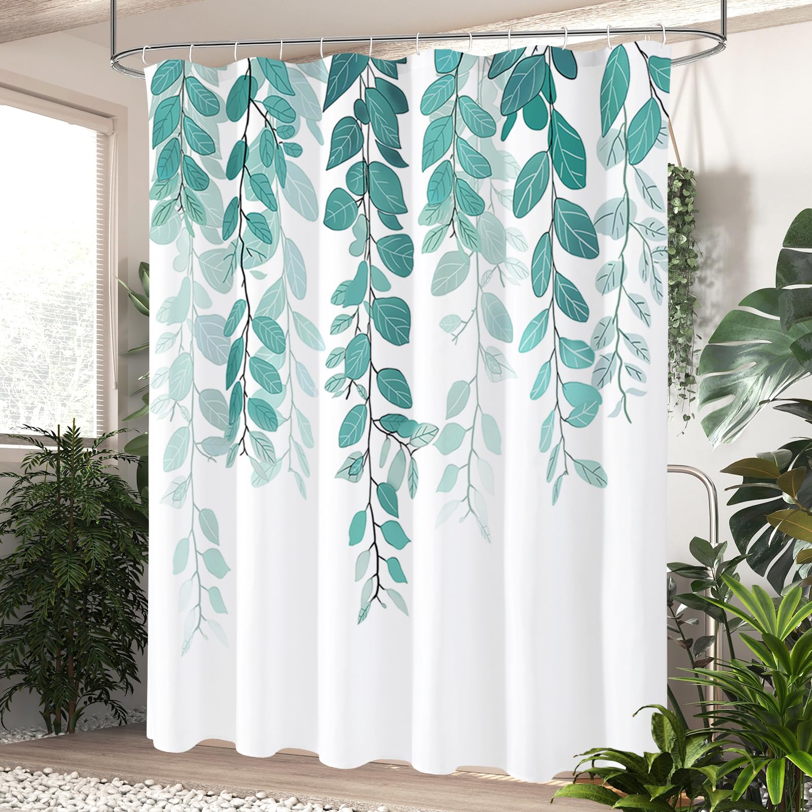 Gibelle Cortina De Ducha Pequeña De 36 X 72 Pulgadas, Cortina De Ducha Estrecha Verde Menta Floral Para Baño, Juego De Cortina De Ducha De Tela Con Hojas De Eucalipto Y Plantas