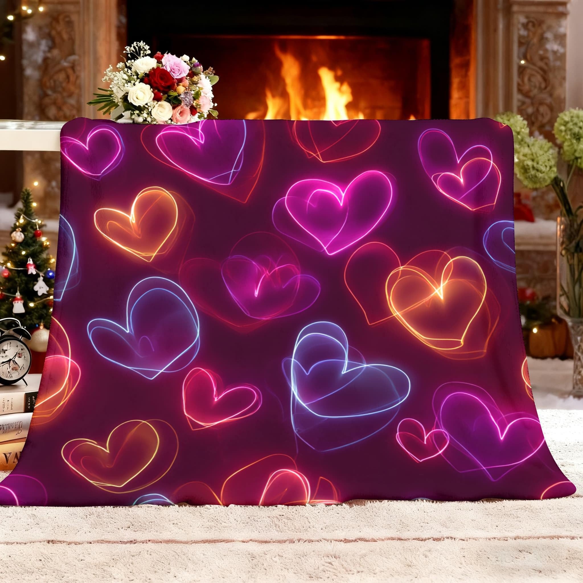 Coperta Divano Plaid Pile, Coperta Letto Singolo/Matrimoniale 180x220 cm, Colori Al Neon Coperta di Flanella Morbido Caldo per Autunno Inverno, Tema D'Amore Romantico Leggera Coperta Regalo