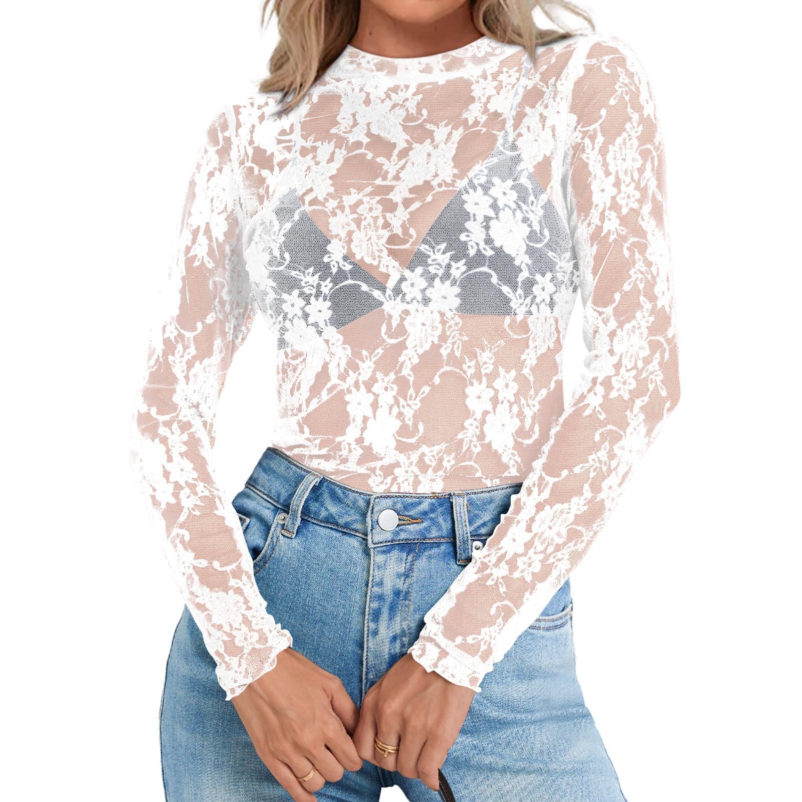 Elesomo Damen Mesh Langarmshirt Rollkragen Durchsichtiges Netzoberteil Party Club Casual Tops