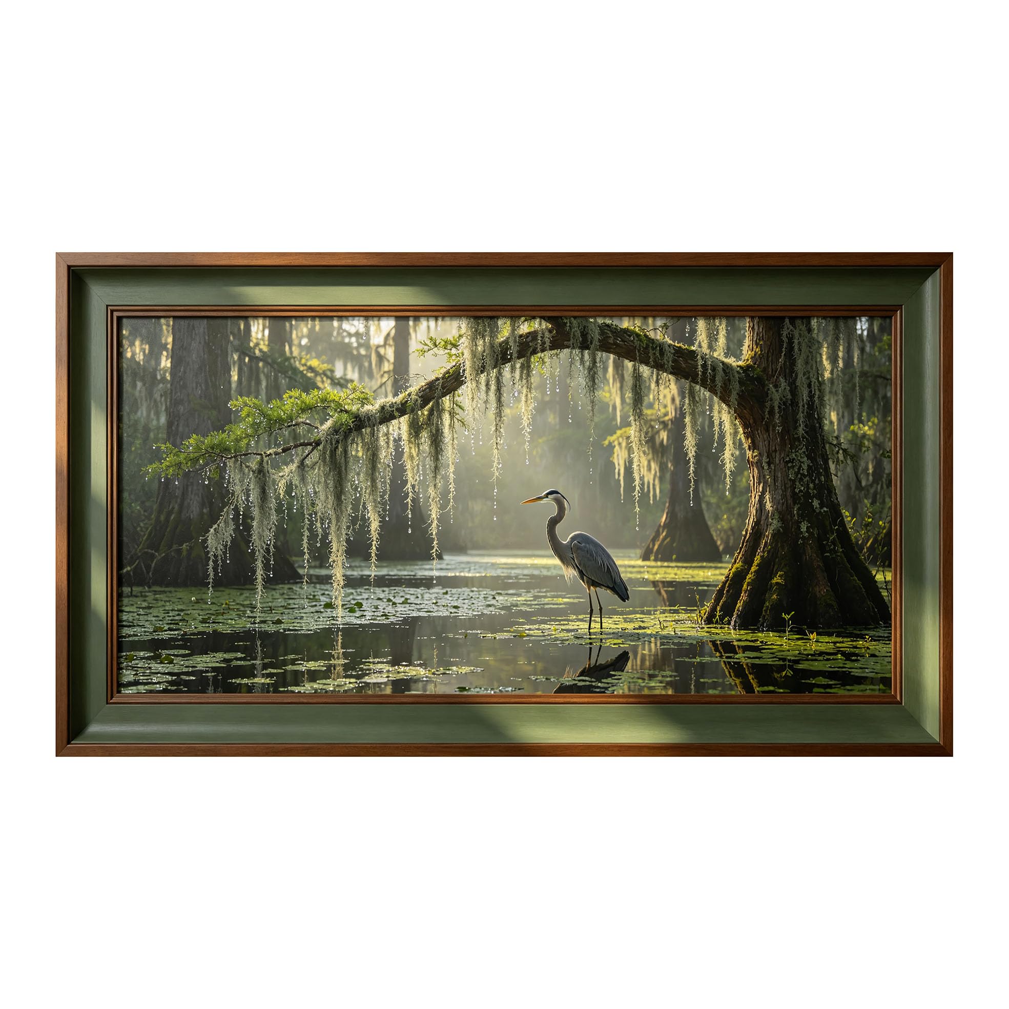 Yzpallescene 3D Framed Wall Art 50cm×100cm Misty Swamp Heron Tropical Landscape Realistic Acrylic Large Size SelfAdhesive Removable Wall Decor Prints Artwork for Living Room Bedroom Office