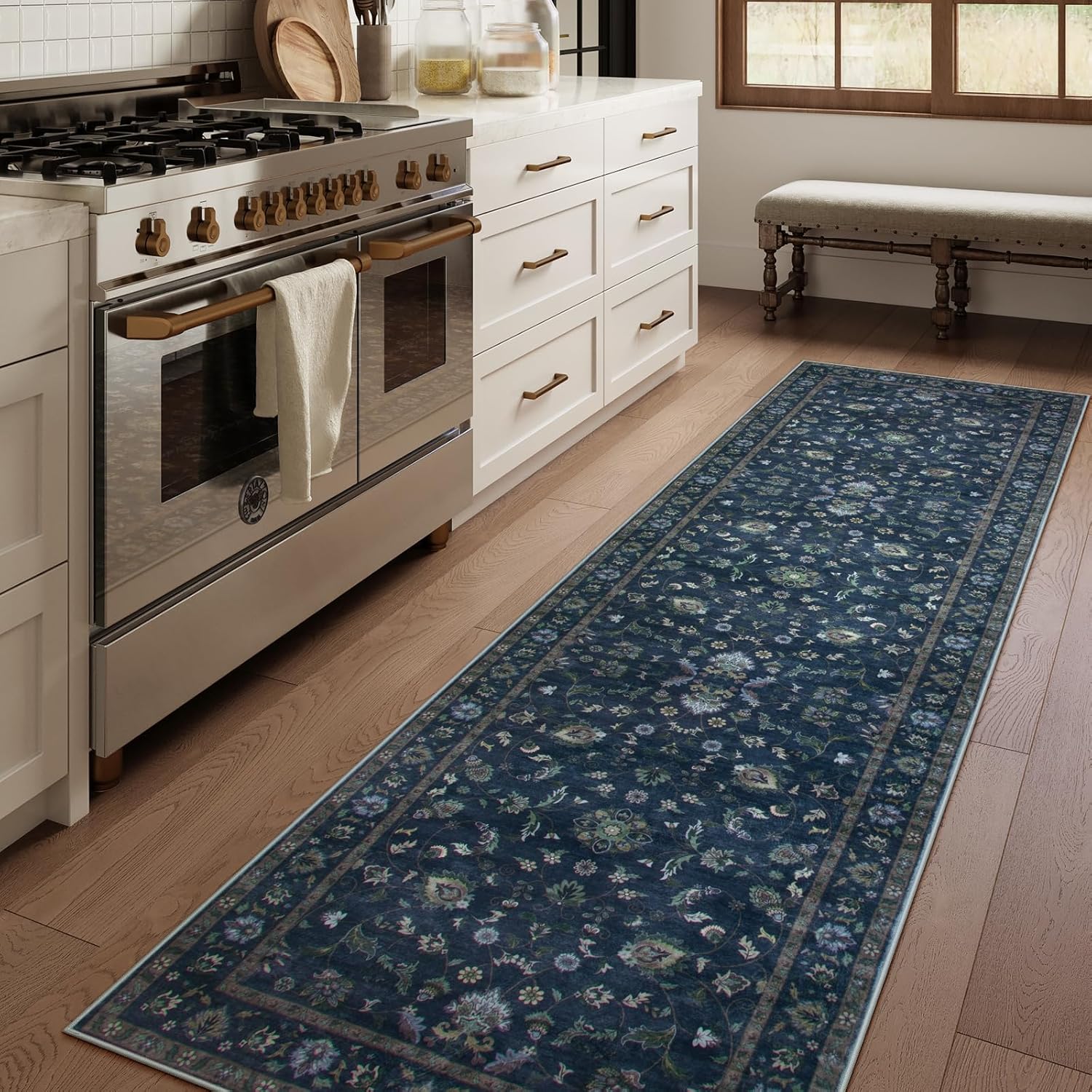 Wonnitar Kitchen Rugs Non Slip Washable 2x6 Runner Rug, Vintage Blue Floral Bathroom Runner, Low Pile Stain Resistant Hallway Runner Rugs for Bedroom Laundry Room Entryway Hallway,(Blue,2x6)