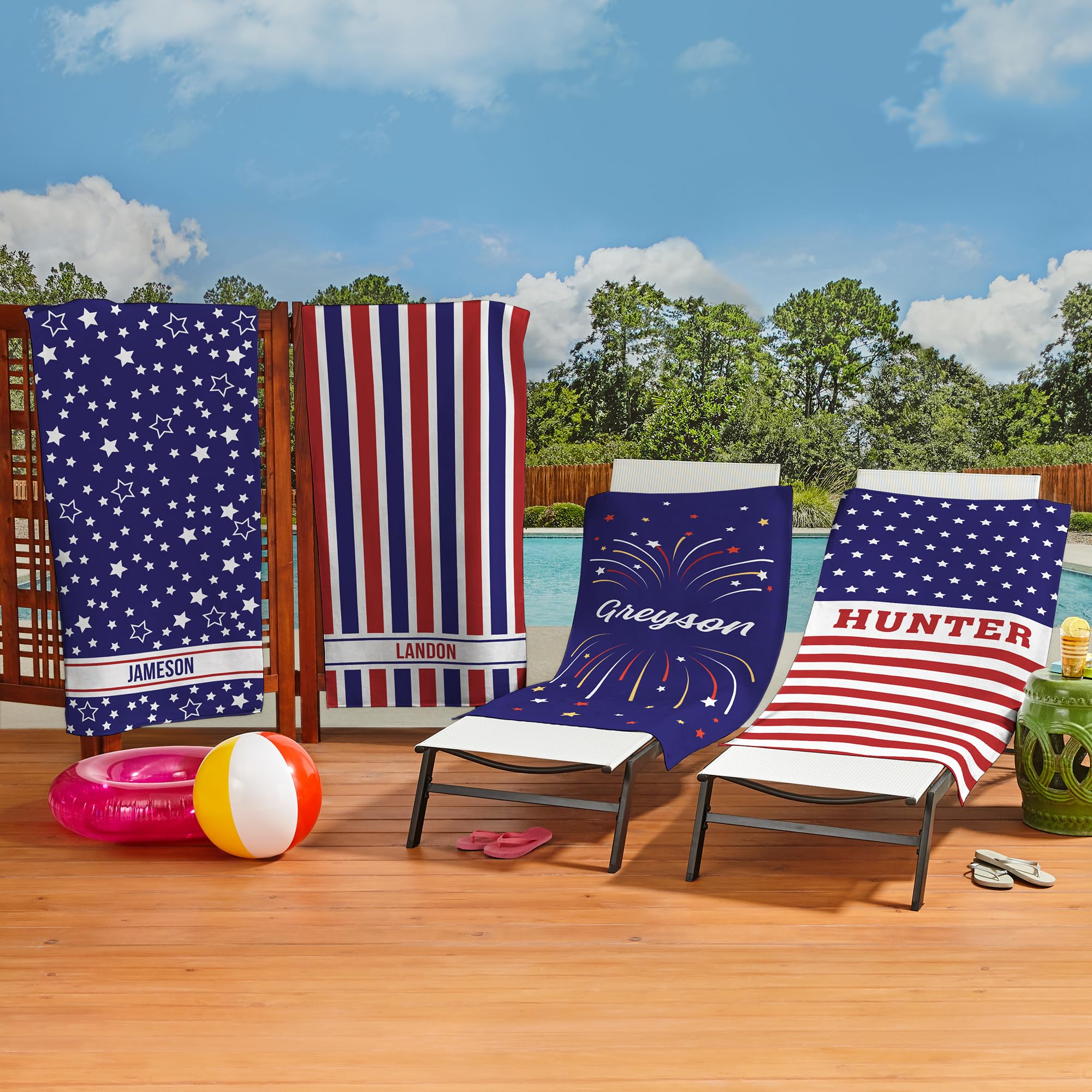 Let's Make Memories Personalized Beach Towel - Patriotic Red, White and Blue - Unique Pool Towel - Standard (30”x60”) - Flag Design