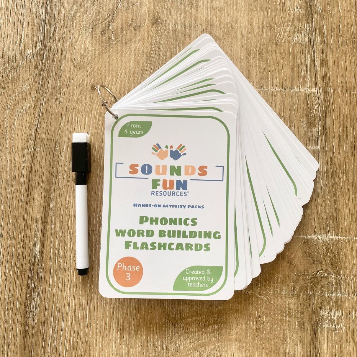 Phase 3 Word Building Phonics Flashcards, Wipeable A6 Educational cards for Children Ages 4+, Laminated with Binder Ring & Pen, Dotted Font & Word Building Frames, Home & School, Sounds Fun Resources - Image 4