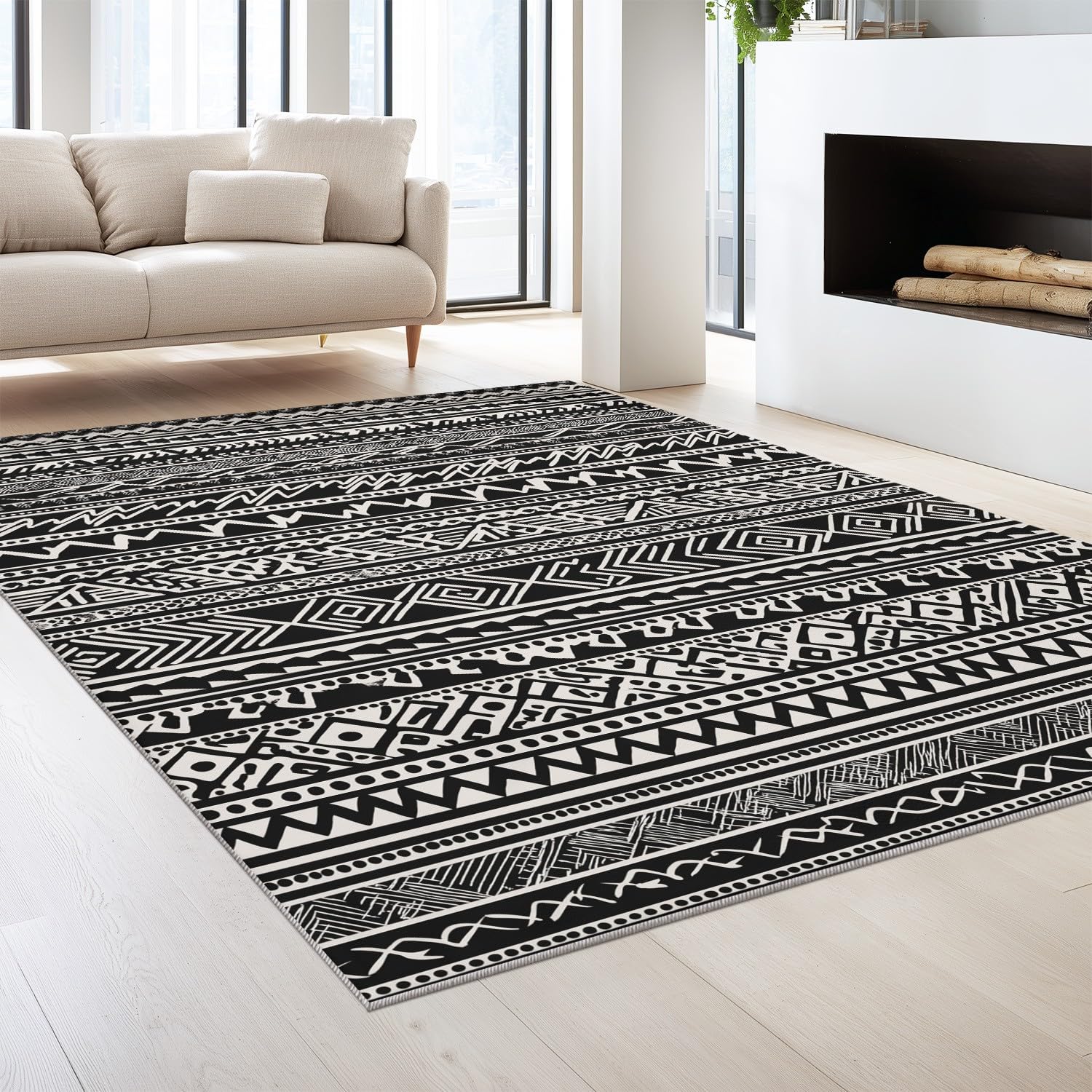 Tapis Bohème Rayé - Tapis Géométrique Tribal Chevron Diamant - Flanelle Doux Antidérapant à Poils Courts - pour Salon Chambre Cuisine Salle à Manger, Noir Blanc 120 x 180 cm