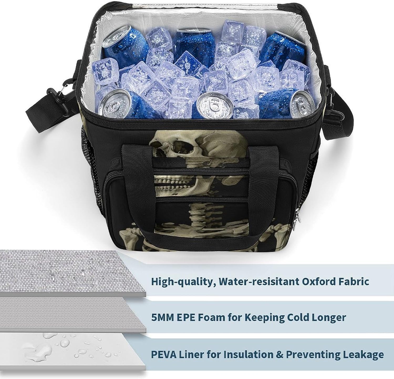 Camping Ice Pack, A Skeleton Print Cooler Bag, 22.5L Large Capacity Insulated Lunch Tote Bag for Outdoor, Picnic, BBQ, Travel, Work