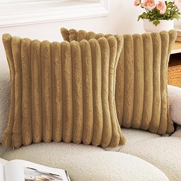 Double-Sided Faux Fur Plush Throw Pillow Covers 20x20 Set of 2 Fuzzy Striped Soft Cozy Pillowcase Luxury Decorative Pillows Square Fluffy Cushion Cover for Couch Bed Living Room,Camel