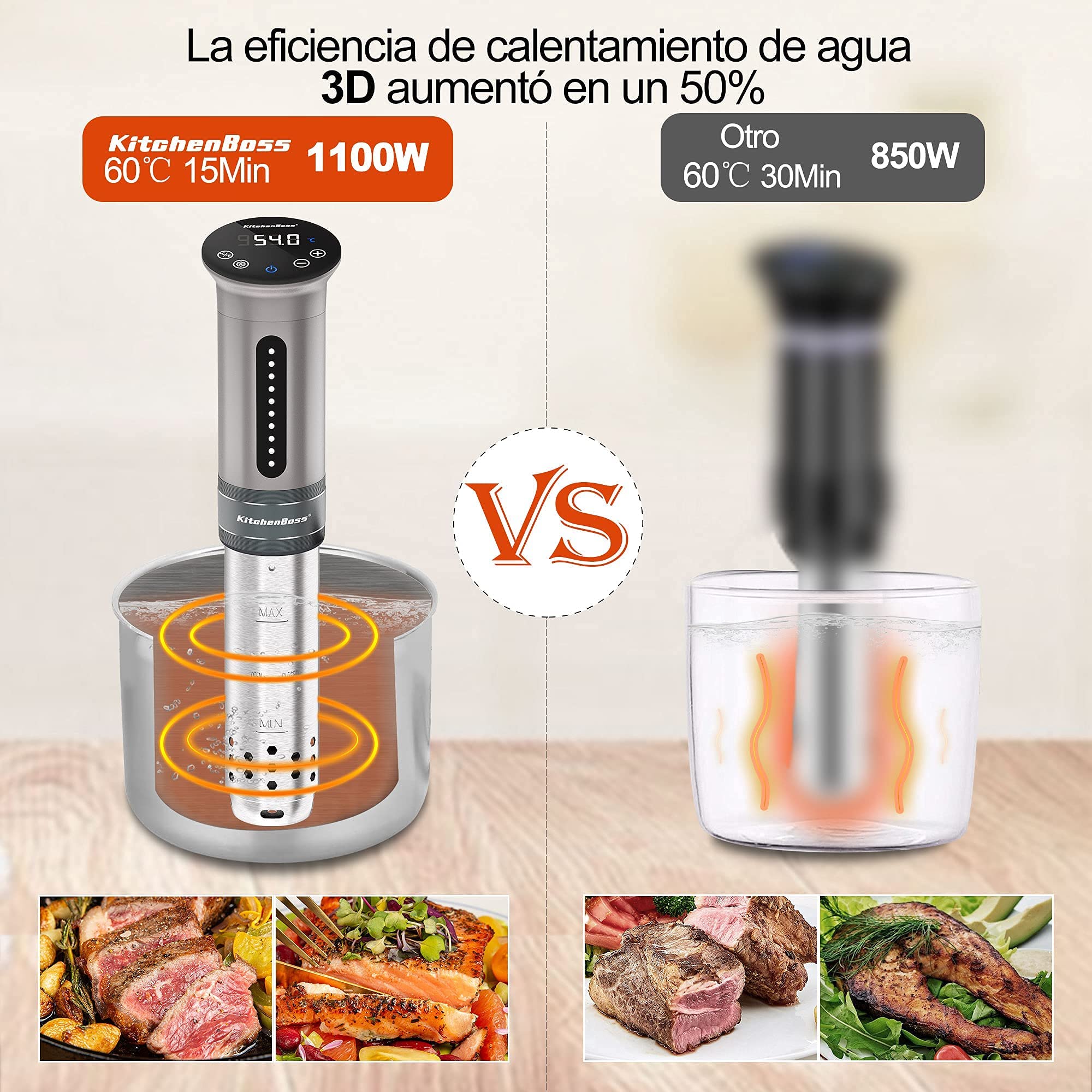 KitchenBoss Sous Vide Roner Cocina Baja Temperatura 1100W Inmersión a Prueba de Agua IPX7 Circuladores Control de Temperatura de Precisión