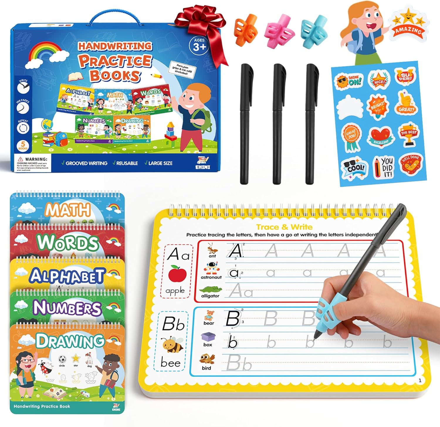 Reusable Handwriting Practice Books for Kids Ages 3-8 - Grooved Magic Copybook Set with Disappearing Ink Pens - 5-Pack Preschool Learning books - Educational Toy Gifts