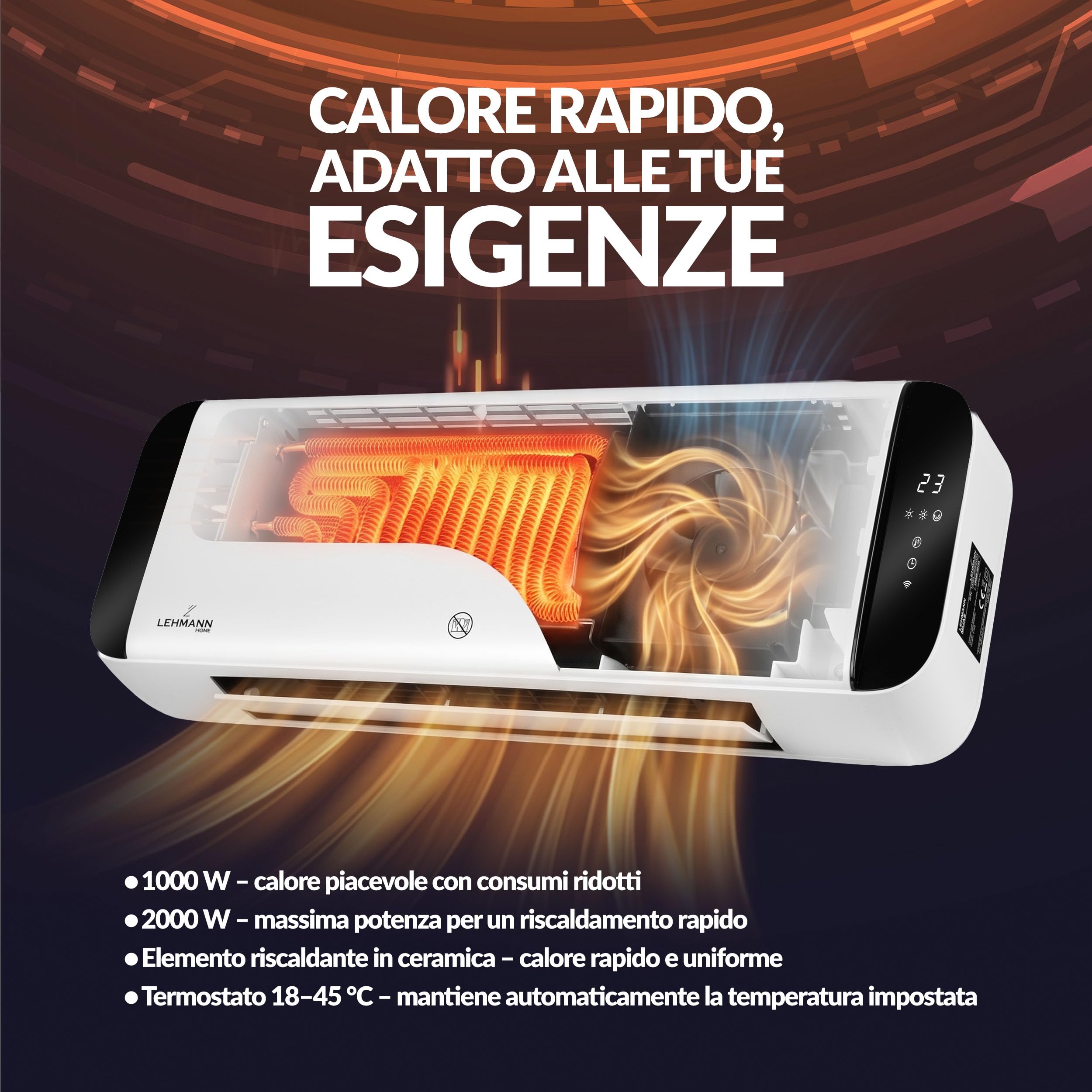 LEHMANN Termoventilatore da Parete, 2 Potenze 1000/2000 W, Riscaldatore Elettrico con Elemento Riscaldante in Ceramica, Rilevamento Finestra Aperta, Timer, Oscillazione, Controllo App e Telecomando