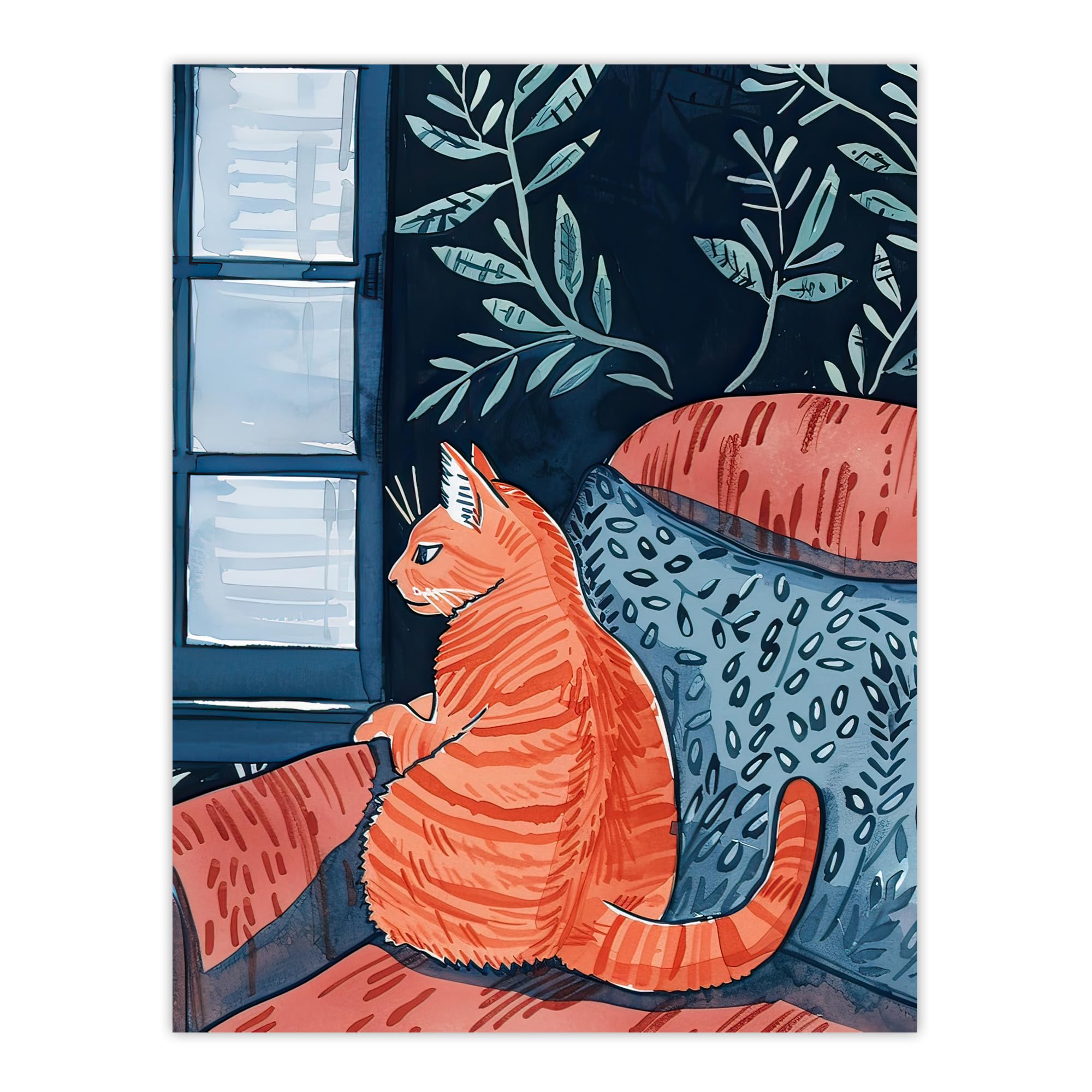 Artery8 Moggie Cat Lover Alone Time Melancholy Painting Living Room Extra Large XL Wall Art Poster Print