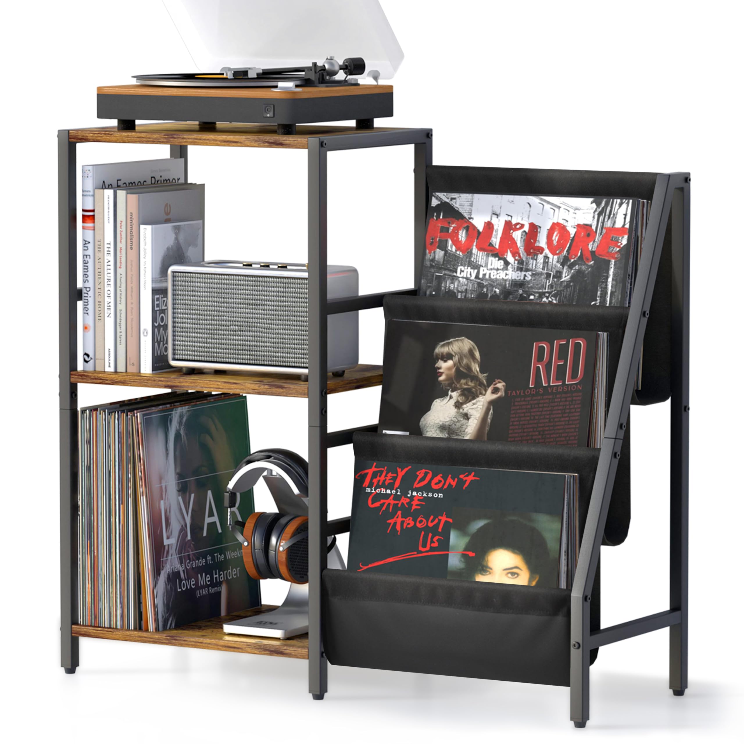 Tewinko Stereo Record Player Stand with Vinyl Storage for 200 Albums, Turntable Display Shelf, Black