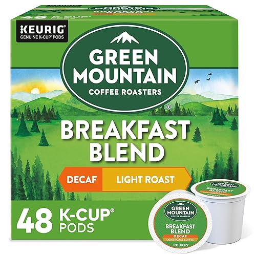 Green Mountain Coffee Roasters Descafeinado de mezcla de desayuno, cápsulas Keurig K-Cup de una sola pieza, café tostado ligero, 48 unidades