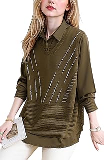 Women's V Neck Layered Sweaters 2 in 1 Pullover Long Sleeve Shirt Top