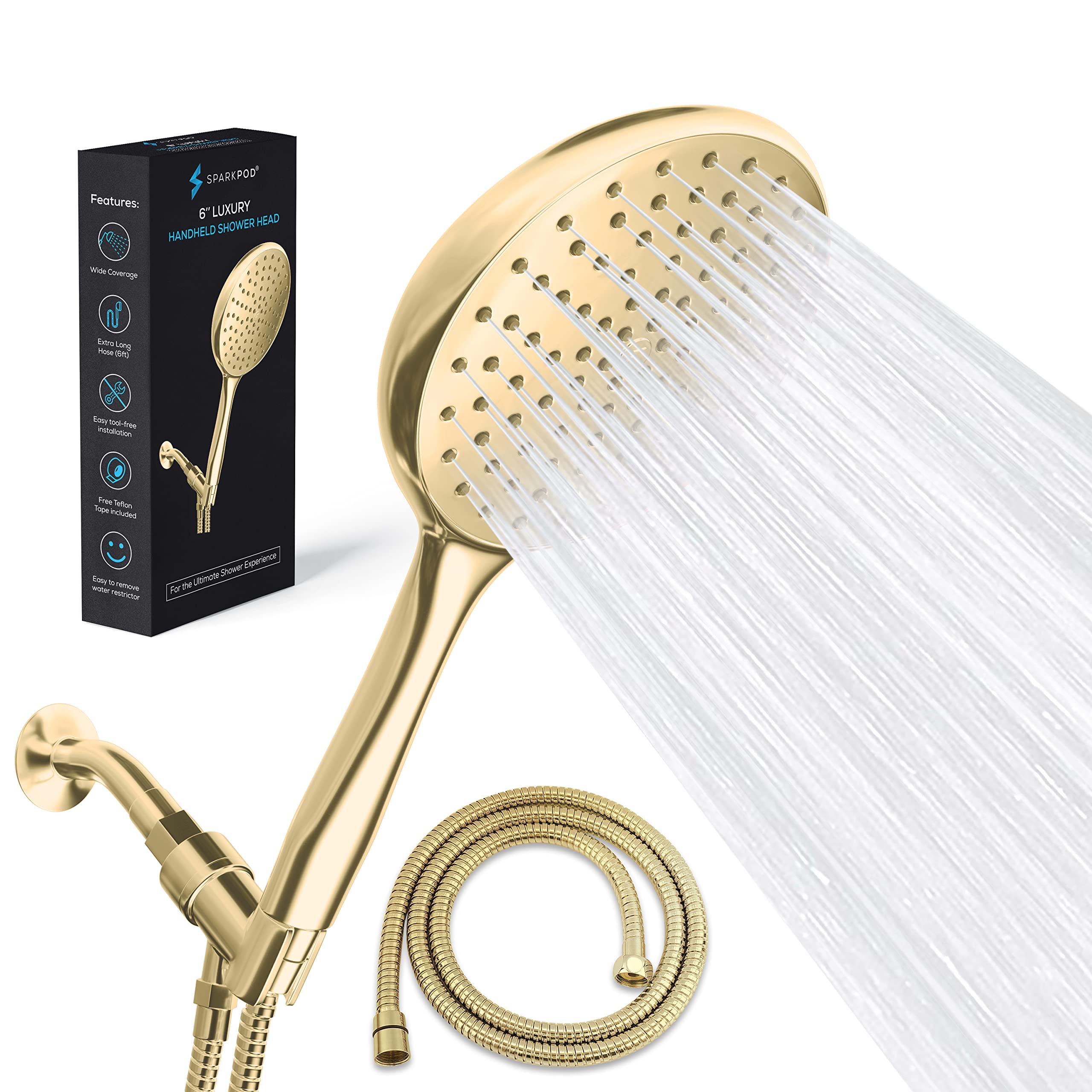 SparkPod High Pressure Handheld Shower Head with Hose Huge 6Inch Face