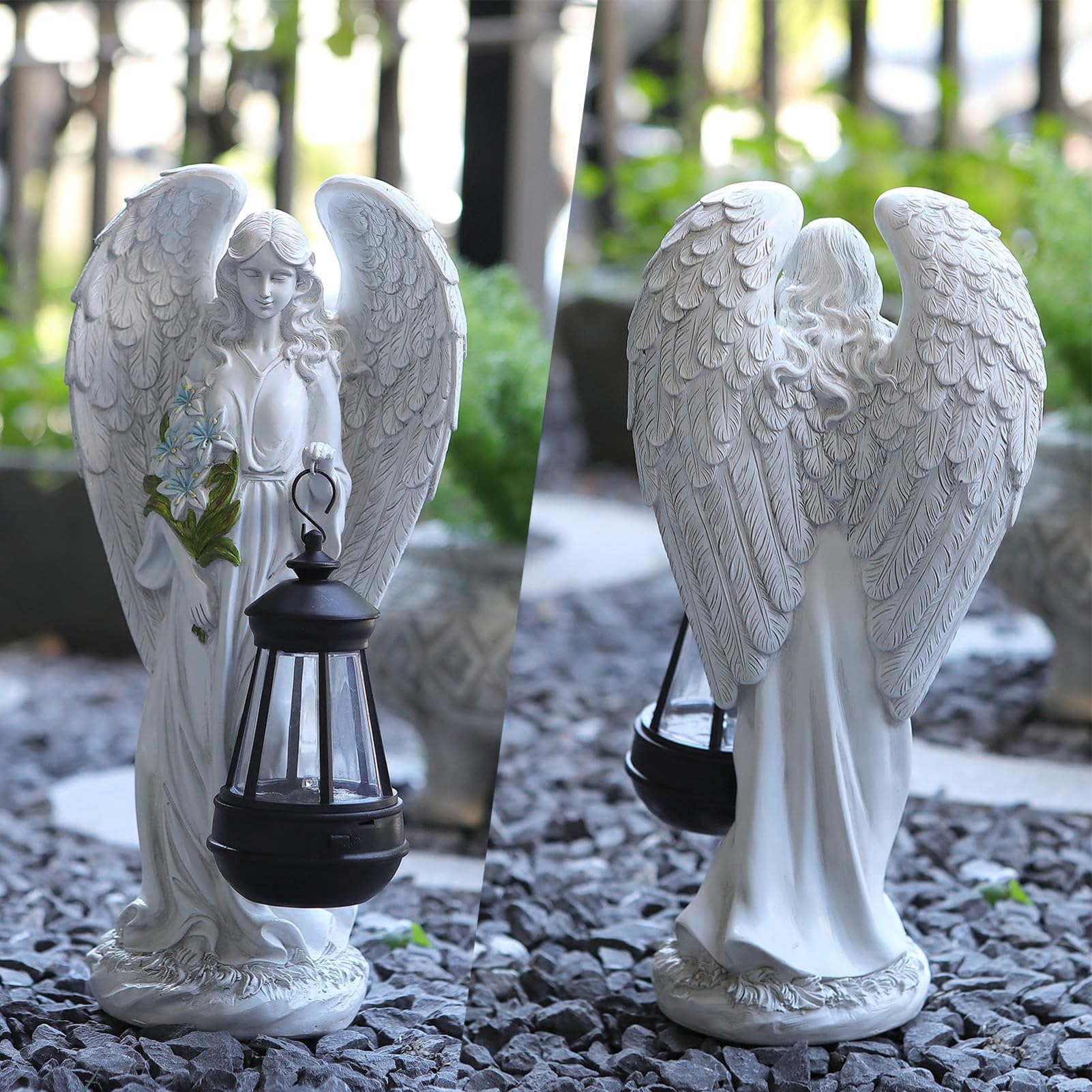 Statue du Jardin des Anges,Sculpture d'ange Féérique,Figurine Ange Gardien avec Lanterne LED Solaire,Auto-on,Ange Tombe pour Terrasse,Pelouse,Cour,Pendaison de crémaillère,Funèbre