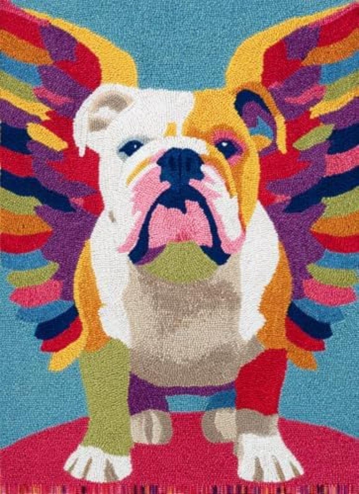 XDEGHUANGSS Latch Hook Rug Kit English Bulldog Dog with Colorful Angel Wing with Pre-Printed Mat Cover DIY Cushion Crochet Yarn Hooking Craft Set for Floor Decor 38x52cm