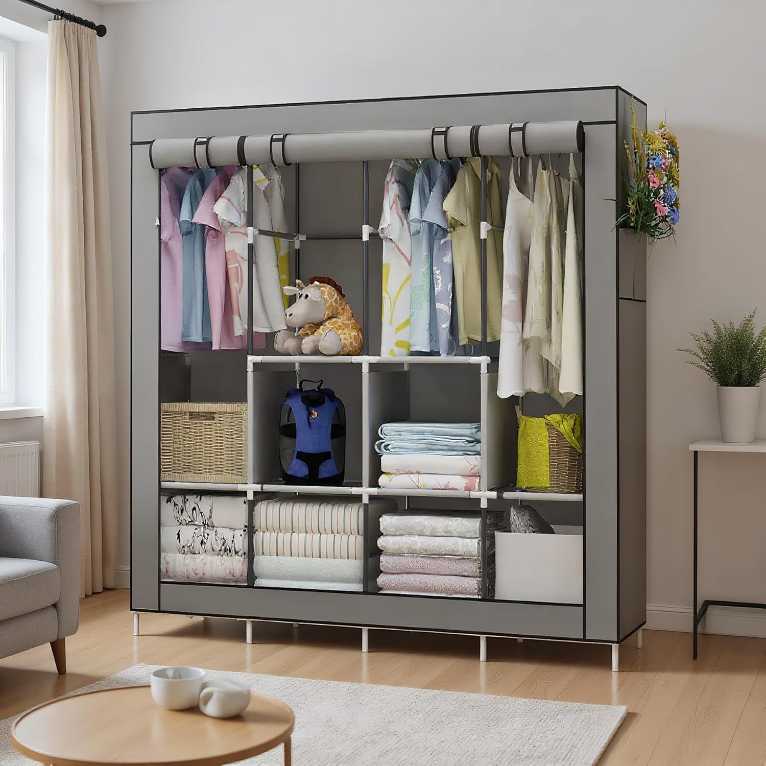 UDEAR Portable Closet Large Wardrobe Closet Clothes Organizer with 6 Storage Shelves, 4 Hanging Sections 4 Side Pockets,Grey