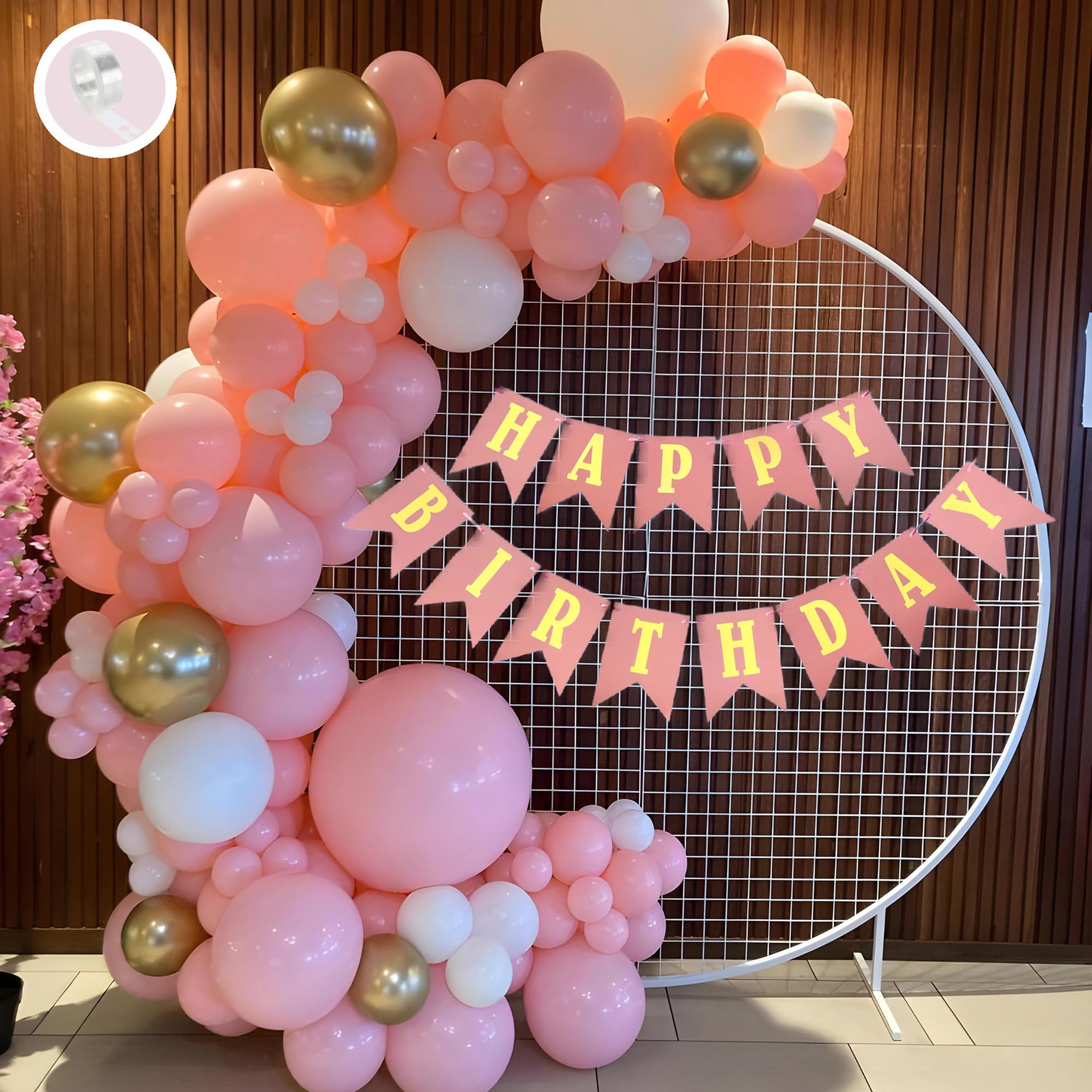 Flyloons Birthday Decoration Items Pink and White Theme Combination for Girls Women Princes Kids | 30 Pcs Pink White Gold Balloons | Pink Happy Birthday Paper Banner | Arch Tape-image-39