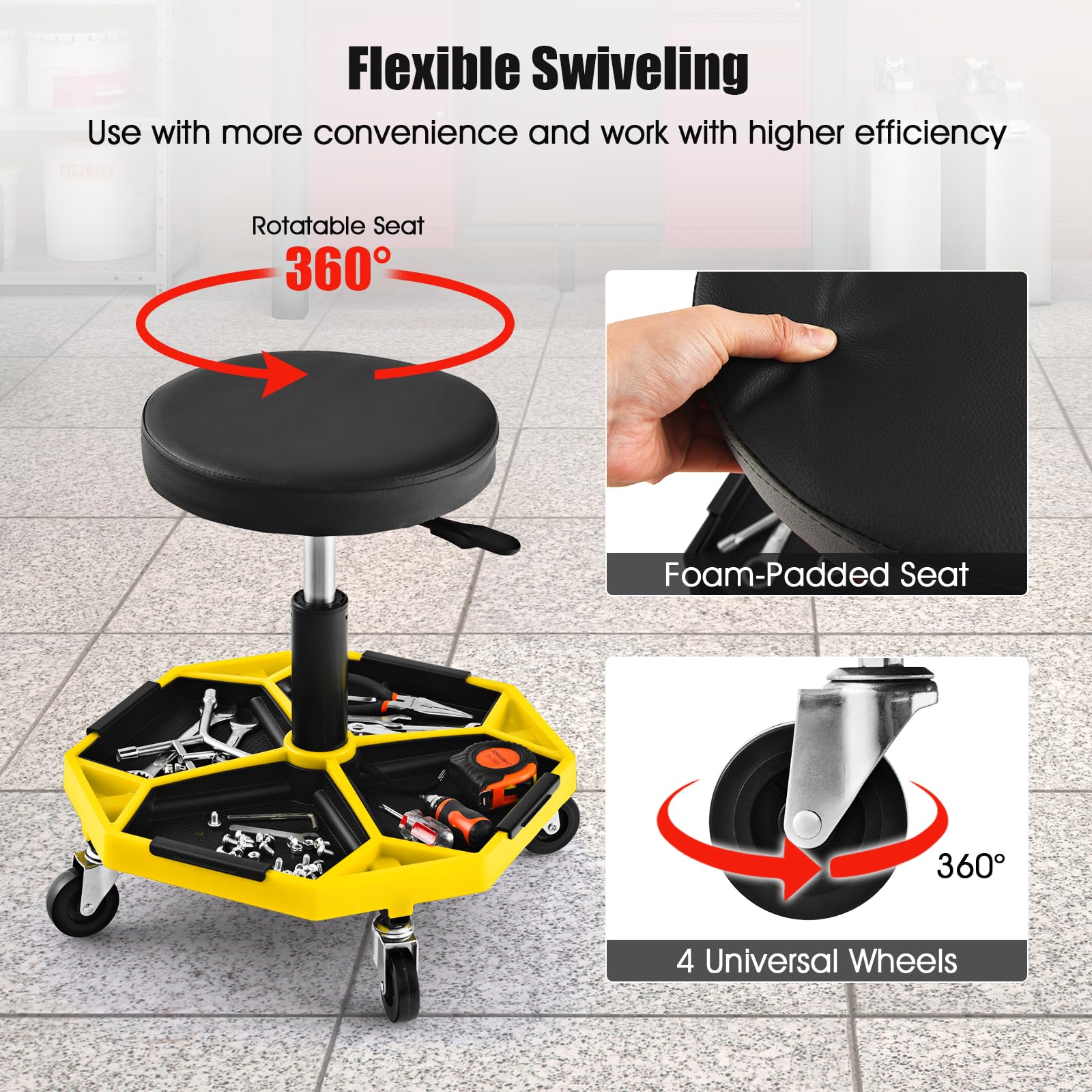 SOARS Sgabello rotelle, seduta ergonomica regolabile in altezza 41-55 cm, sgabello con vassoio magnetico rimovibile per riporre attrezzi, carico massimo 150 kg, per officina, garage (giallo)