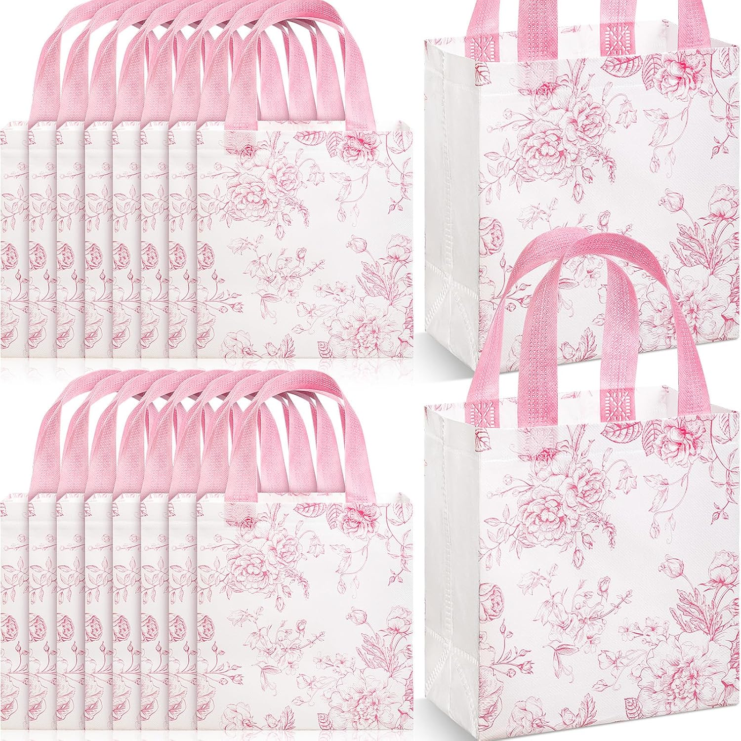 Sweetude 16 Pcs Mother's Day Pink Floral Gift Bags with Handle Flower Non-woven Reusable Tote Bags for Wedding Birthday Baby Shower Party Favor Easter - Image 8