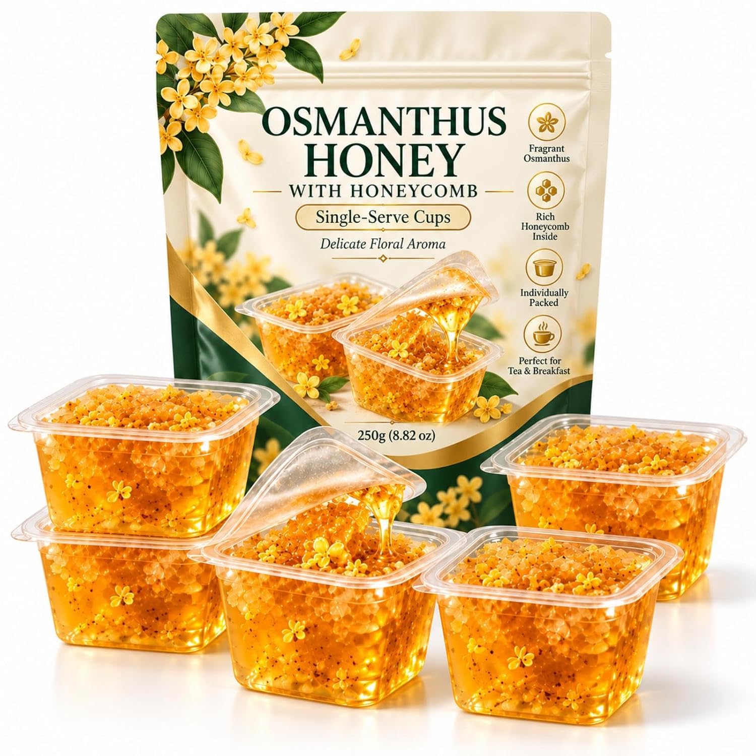 Osmanthus Honey with Honeycomb, Single-Serve Honey Cups with Delicate Floral Aroma, Individually Packed for Tea, Breakfast, Travel & Everyday Enjoyment, 250g (8.82 oz)