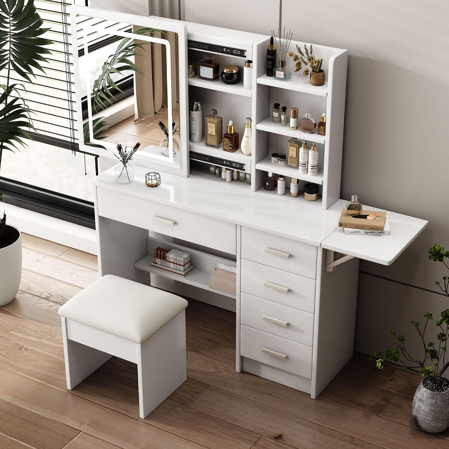 Runboll Vanity Desk with Mirror and Lights, White Makeup Vanity Chair Set with Fold-up Panel, Dressing Table with 5 Drawers and Shelves, 3 Lighting Modes, Brightness Adjustable