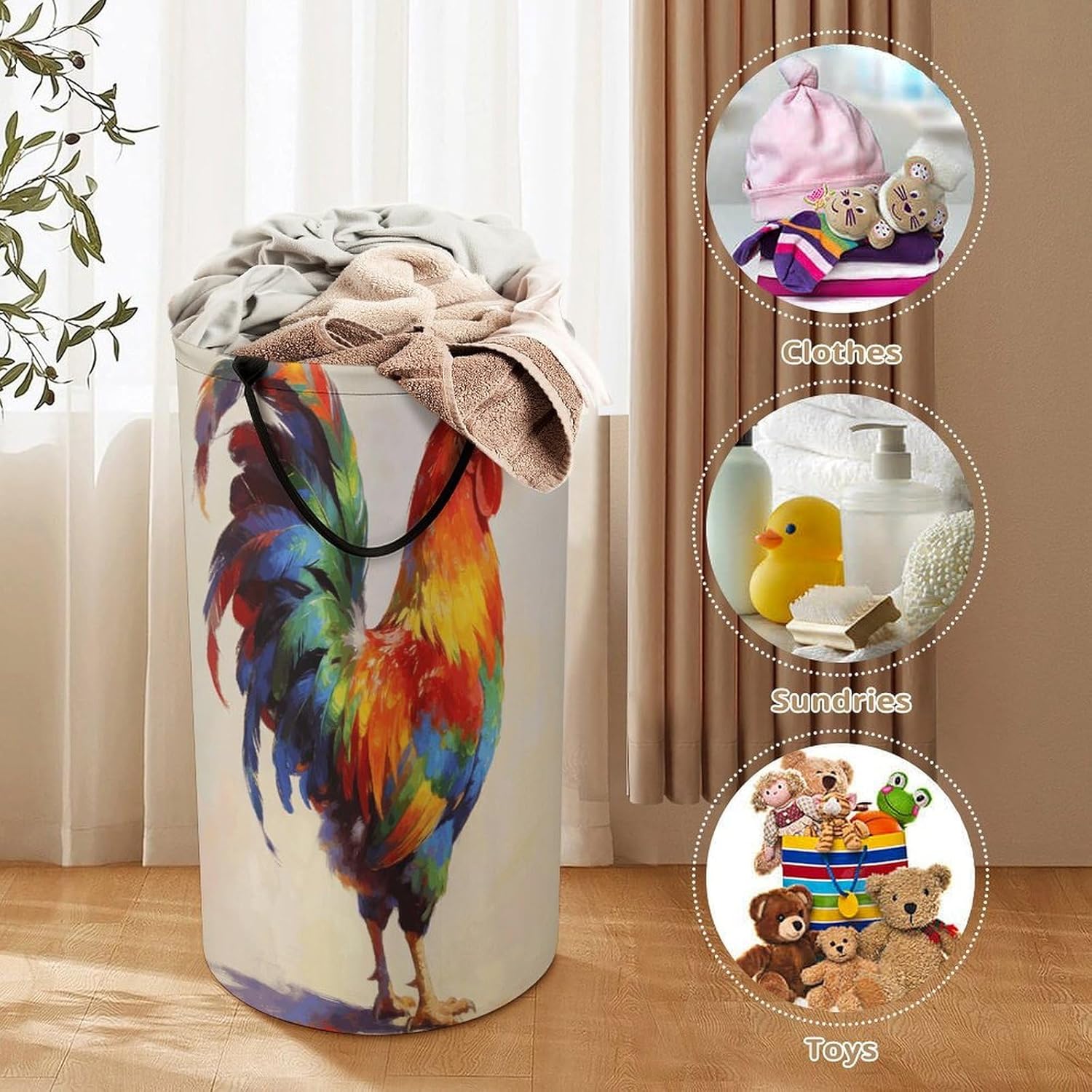 Colorful Rooster Laundry Hamper 86L Waterproof Collapsible Clothes Basket with Double Handles Freestanding Foldable Laundry Basket Large Clothes Hamper for Bathroom