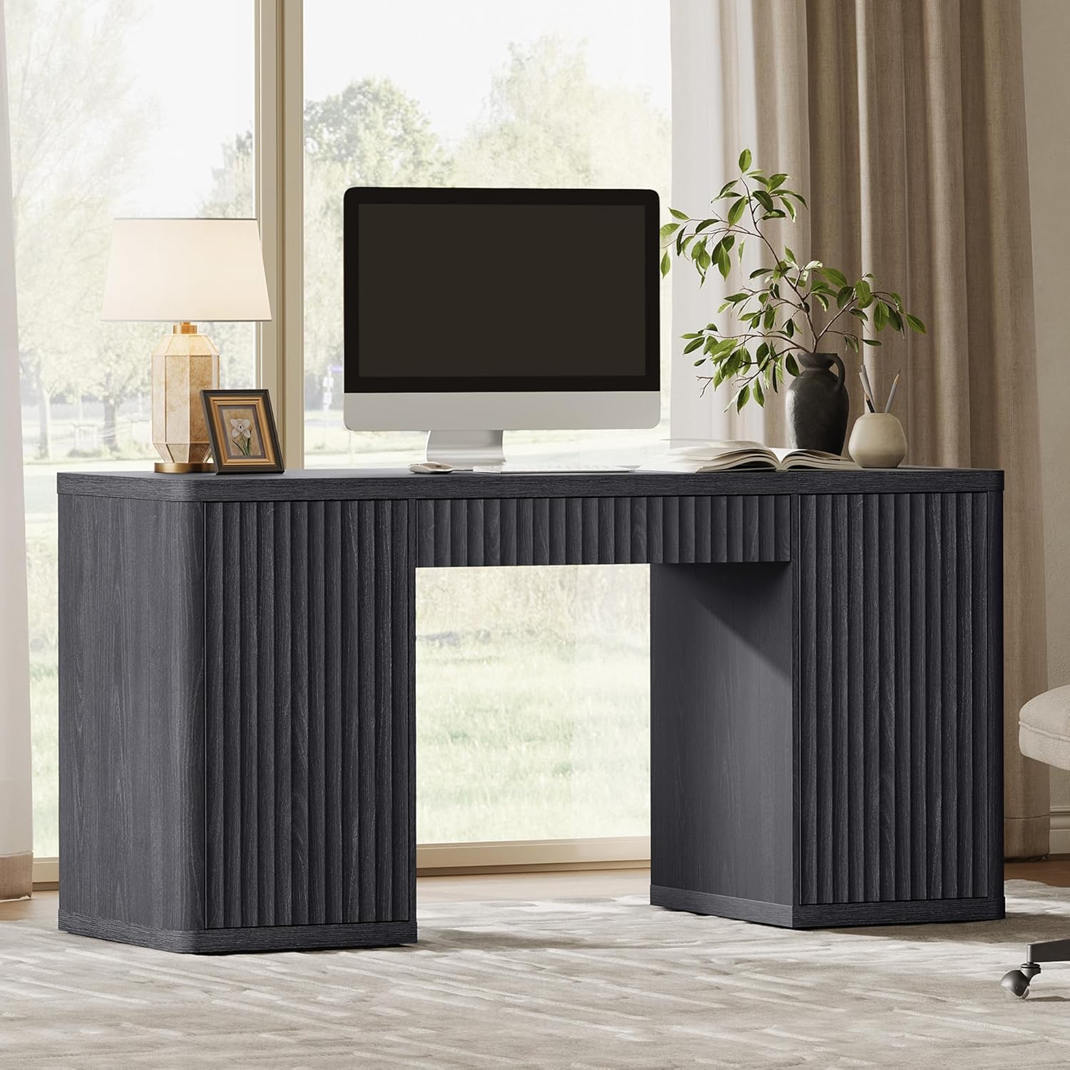 SICOTAS 61" Large Office Computer Desk with Storage Modern Home Office Desks with Drawer & Doors Fluted Desks Executive Desk Wooden Writing Table Vanity Table for Living Room Bedroom, Black Alder