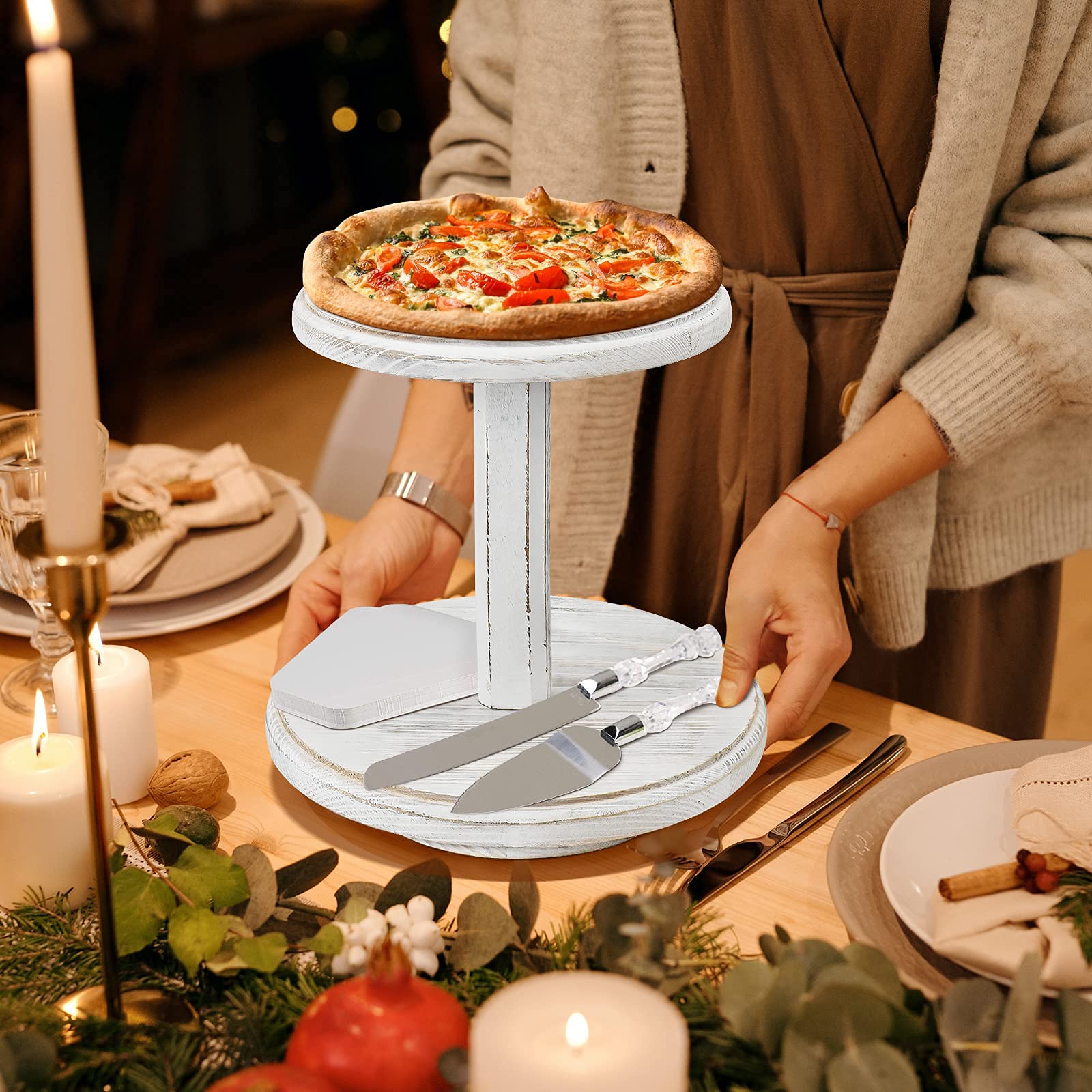 Cake Stand for Dessert Table Lazy Susan,2 Tier Rotating Cake Holder Tray Serving Platter, Wood