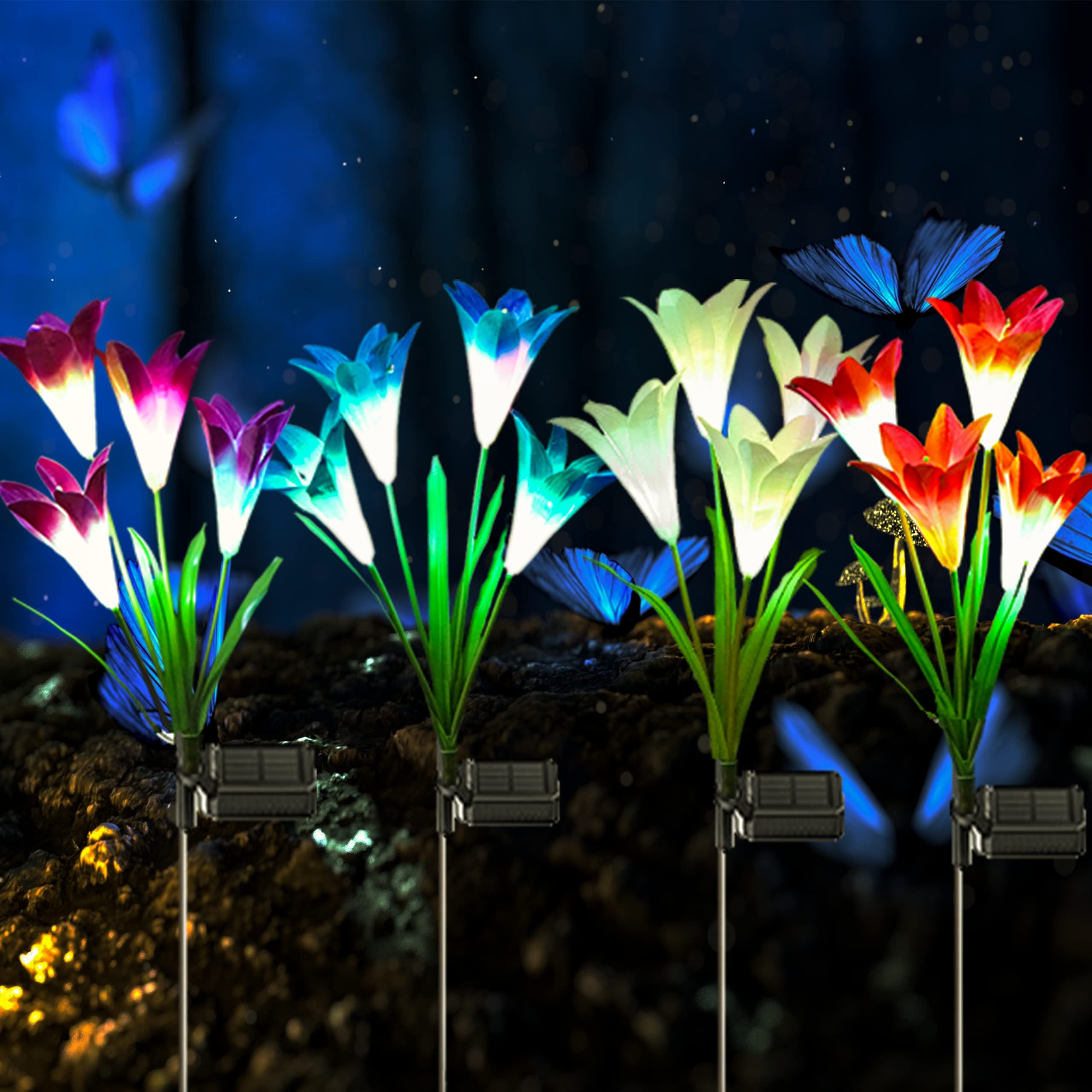 FELISHINE4 Pack Outdoor Solar Lights,16 Large Lily Flowers Solar Realistic LED Garden Lights,Waterproof 7 Color Changing Solar Decorative Lights for Patio Pathway Courtyard Garden Lawn
