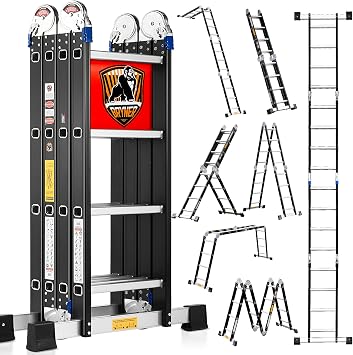 Bryner 7 in 1 Multi-Purpose Ladder Aluminium 14Ft Folding Adjustable Telescoping Step Extension Ladder Meet SGS EN 131 Standard Heavy Duty 330lbs 14Ft