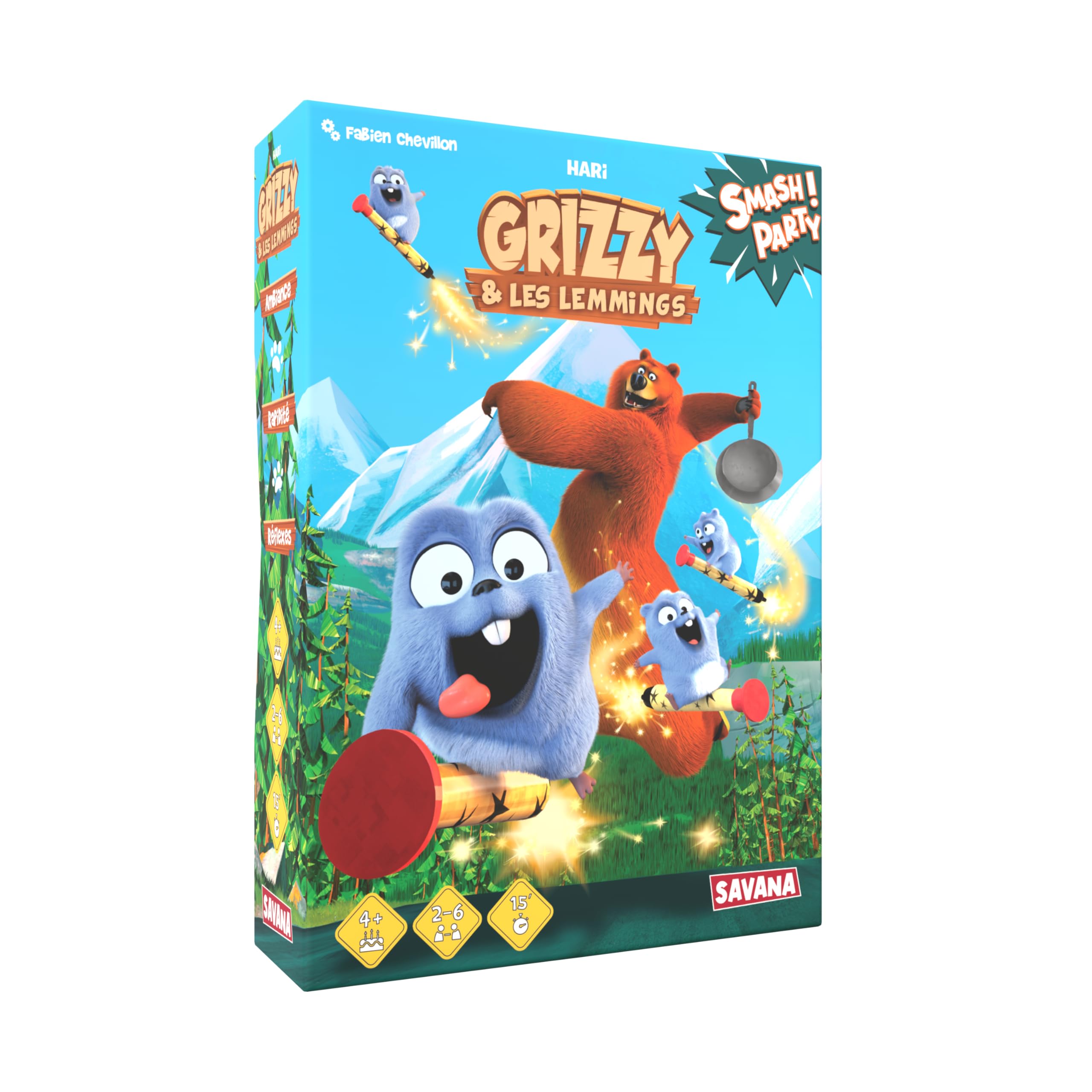SAVANA - Smash Party, jeu de société coopératif pour enfants, 2-6 joueurs, inspiré de Grizzy et Les Lemmings.